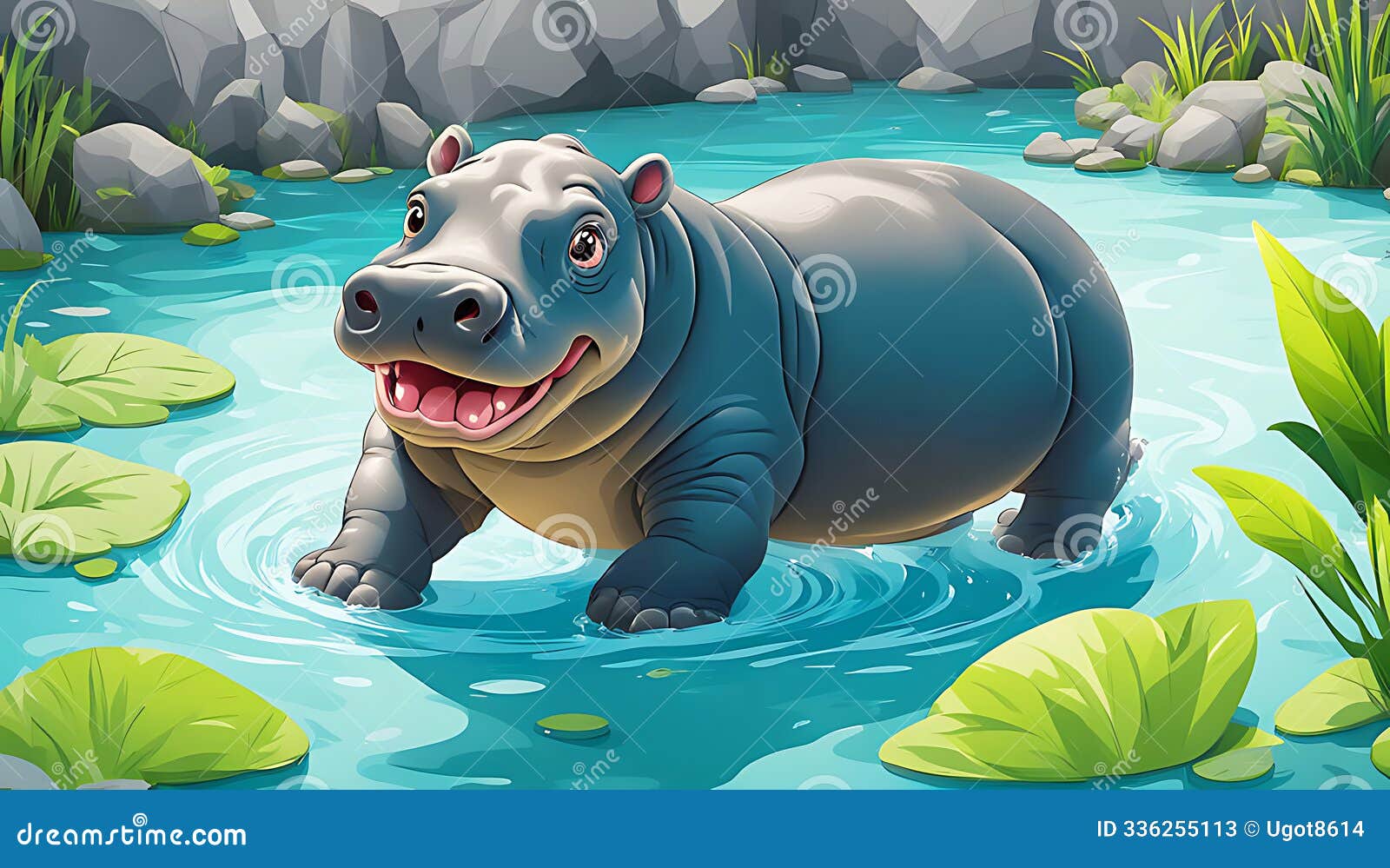 a hippopotamus standing in a zoo pond with murky green water