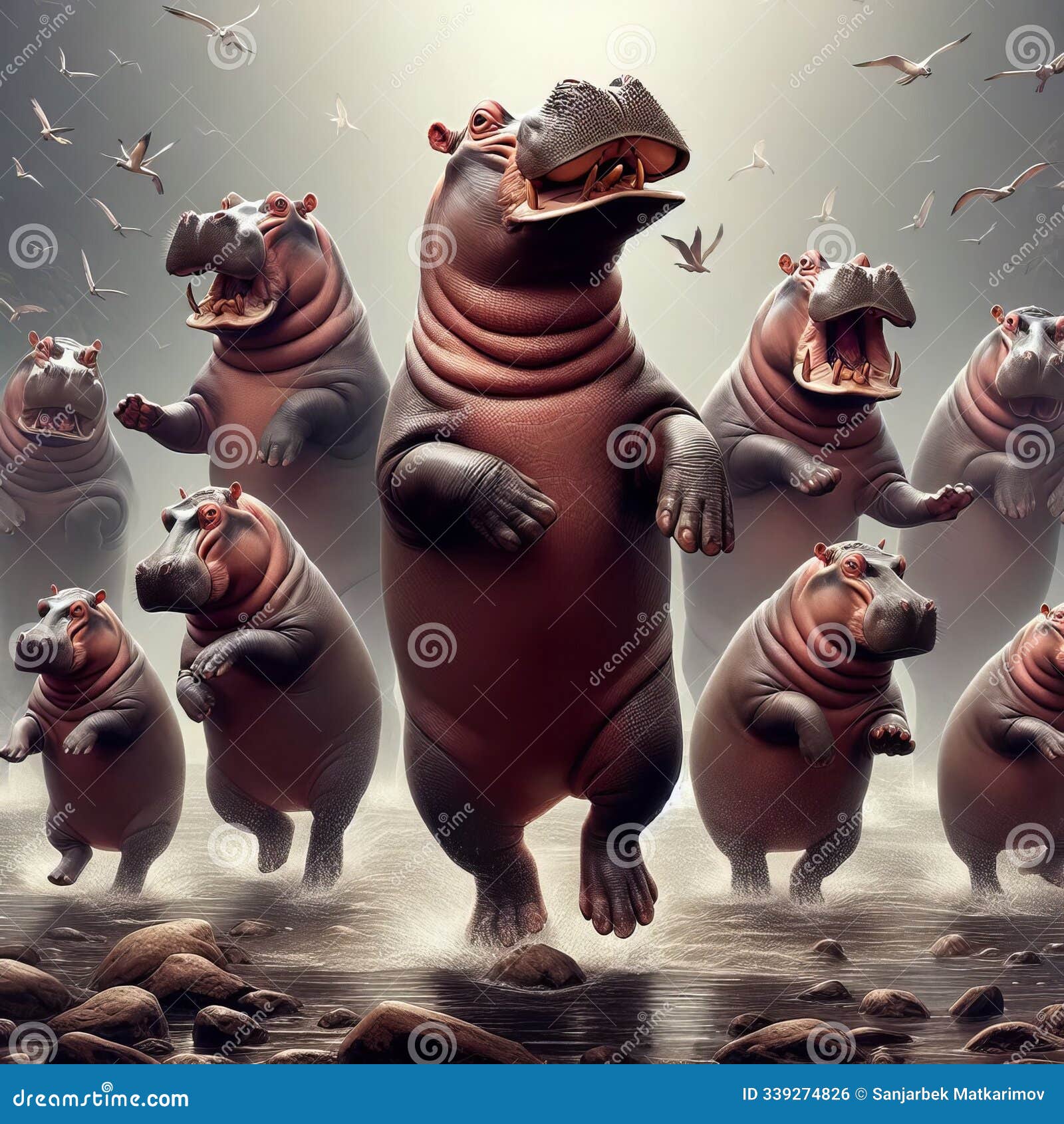 hippopotamuses dancing in a choreographed routine their massive