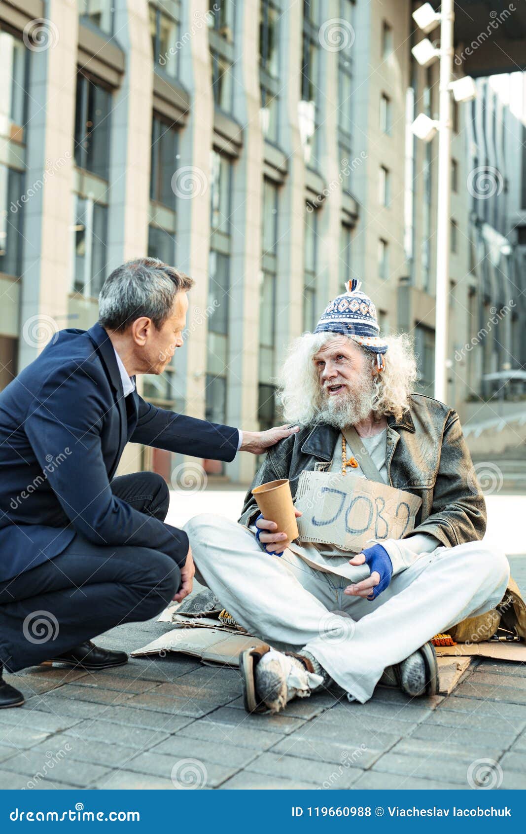 elderly hippy fugitive talking to governmental worker