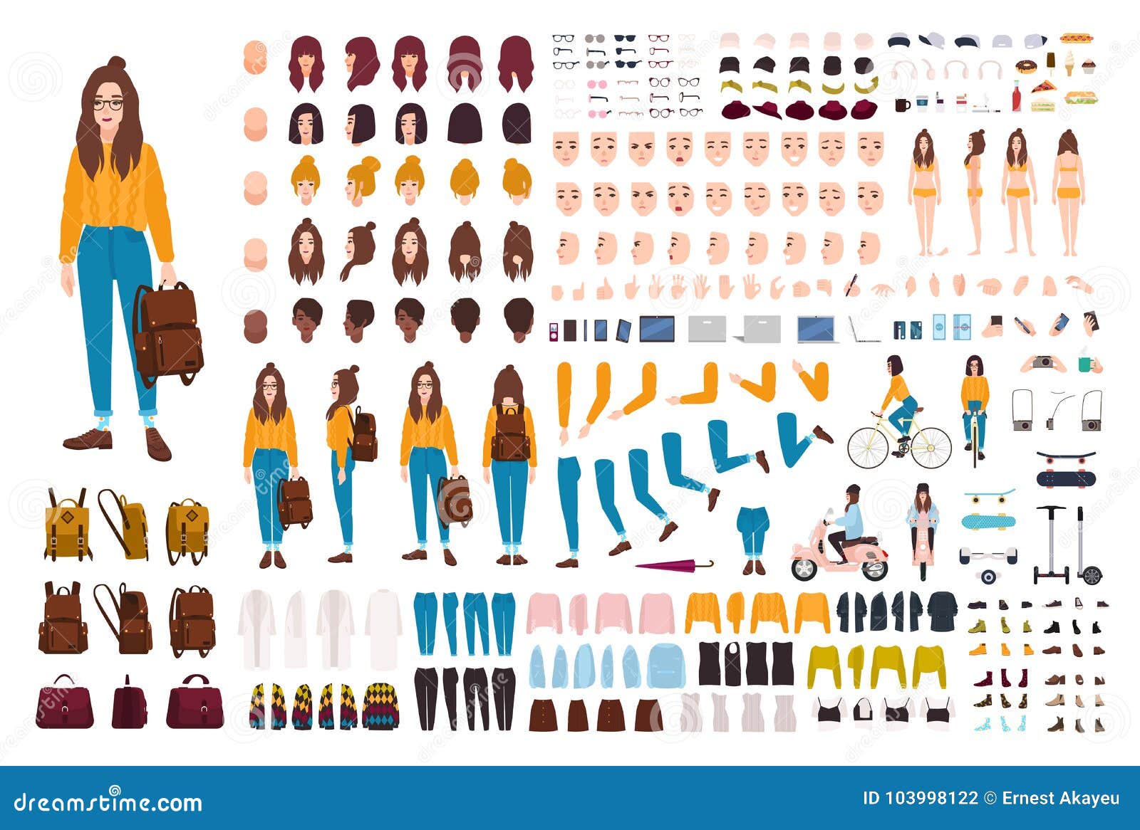 hipster girl creation kit. set of flat female cartoon character body parts, facial gestures, hairstyles, trendy clothing