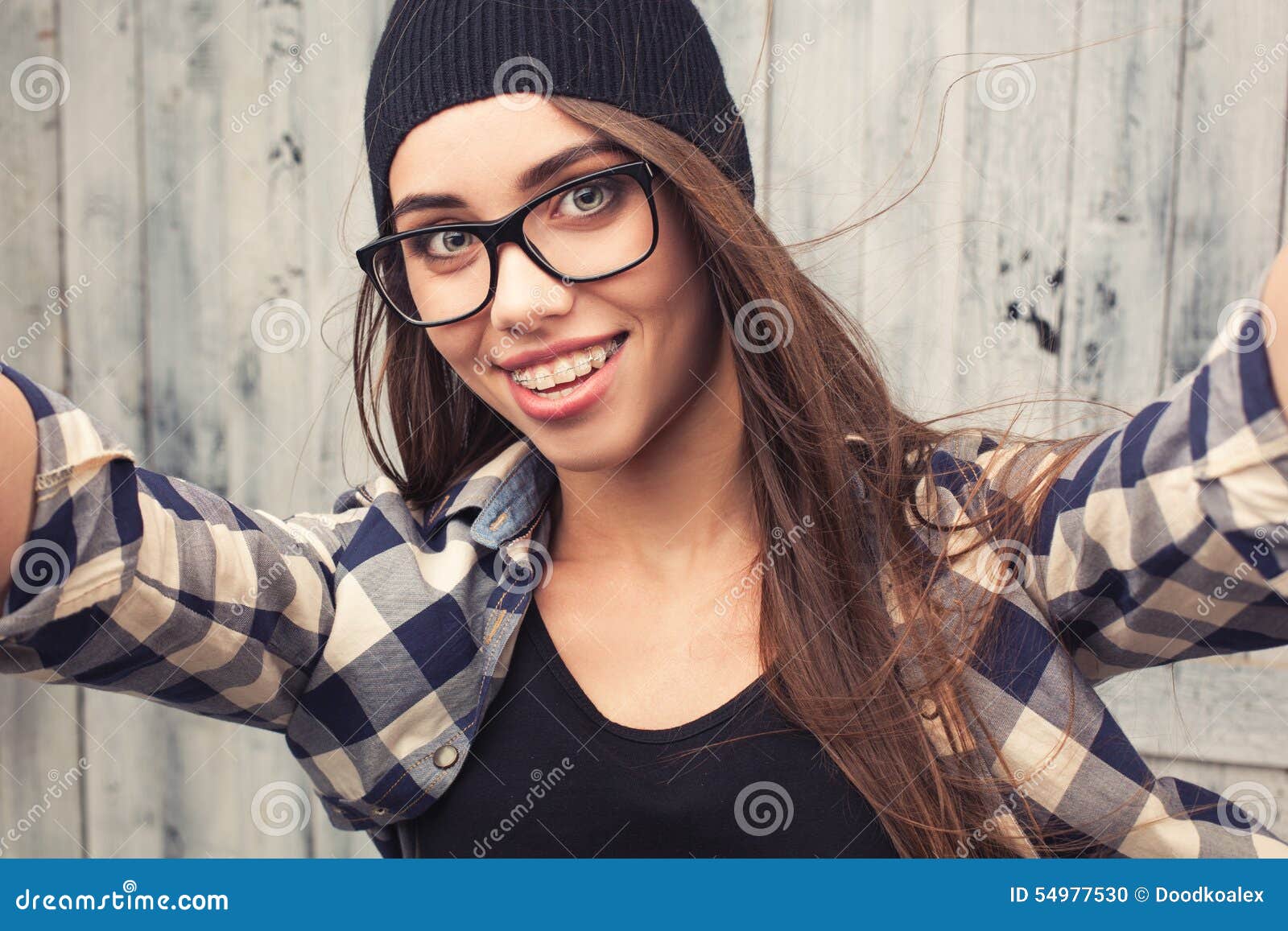 Hipster Girl in Glasses and Braces Stock Photo - Image of