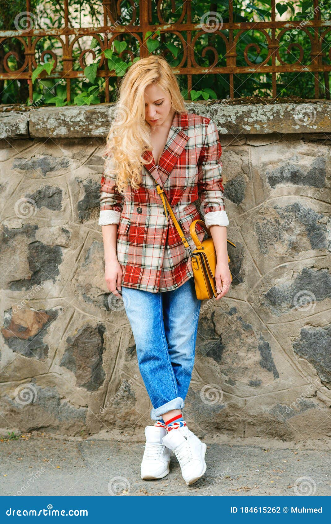 Hipster Girl with Long Blonde Hair Wearing Trendy Plaid Jacket Posing at  Street. Urban Clothing Style Stock Photo - Image of portrait, model:  184615262