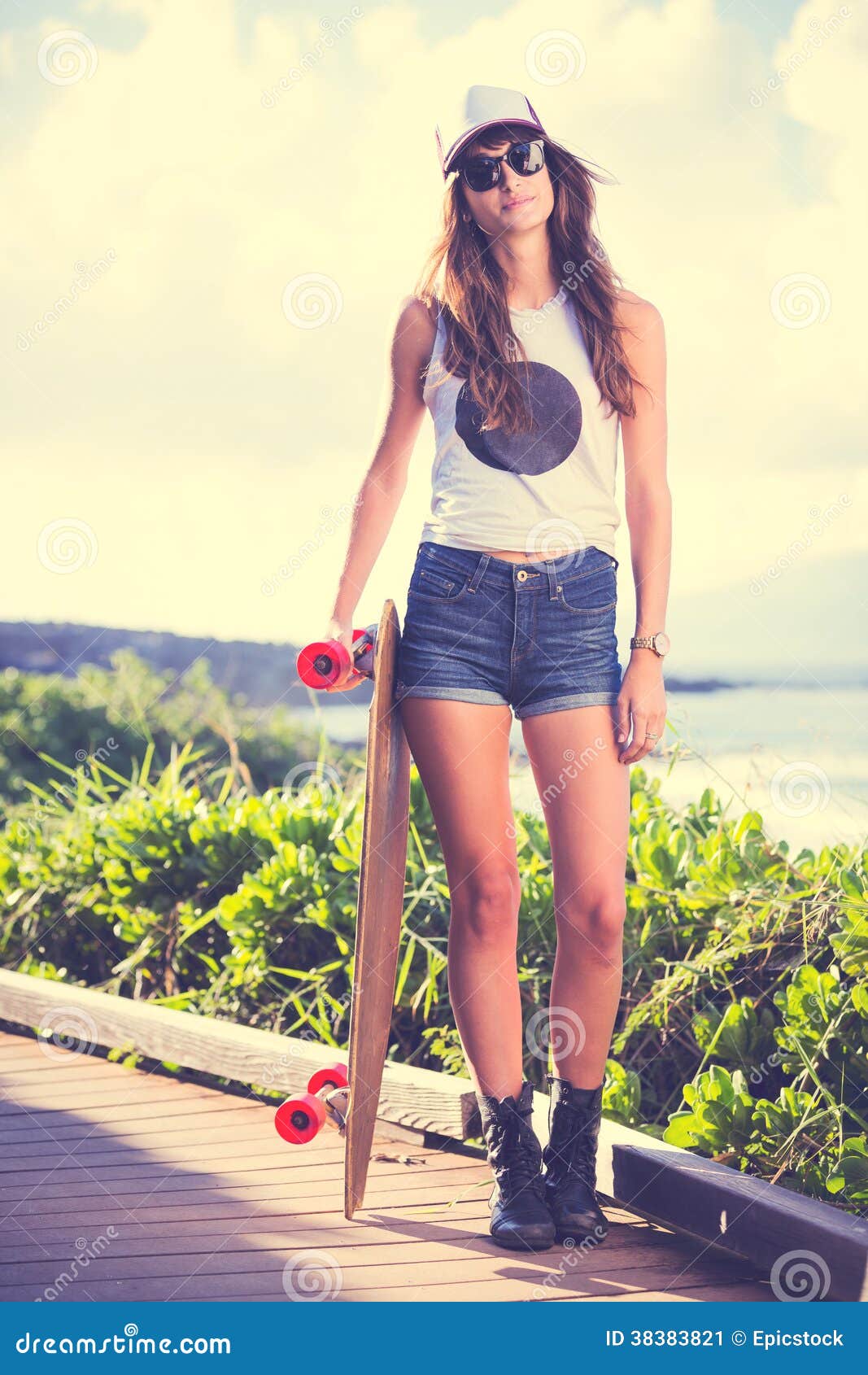 Hipster Girl With Skate Board Wearing Sunglasses Stock 