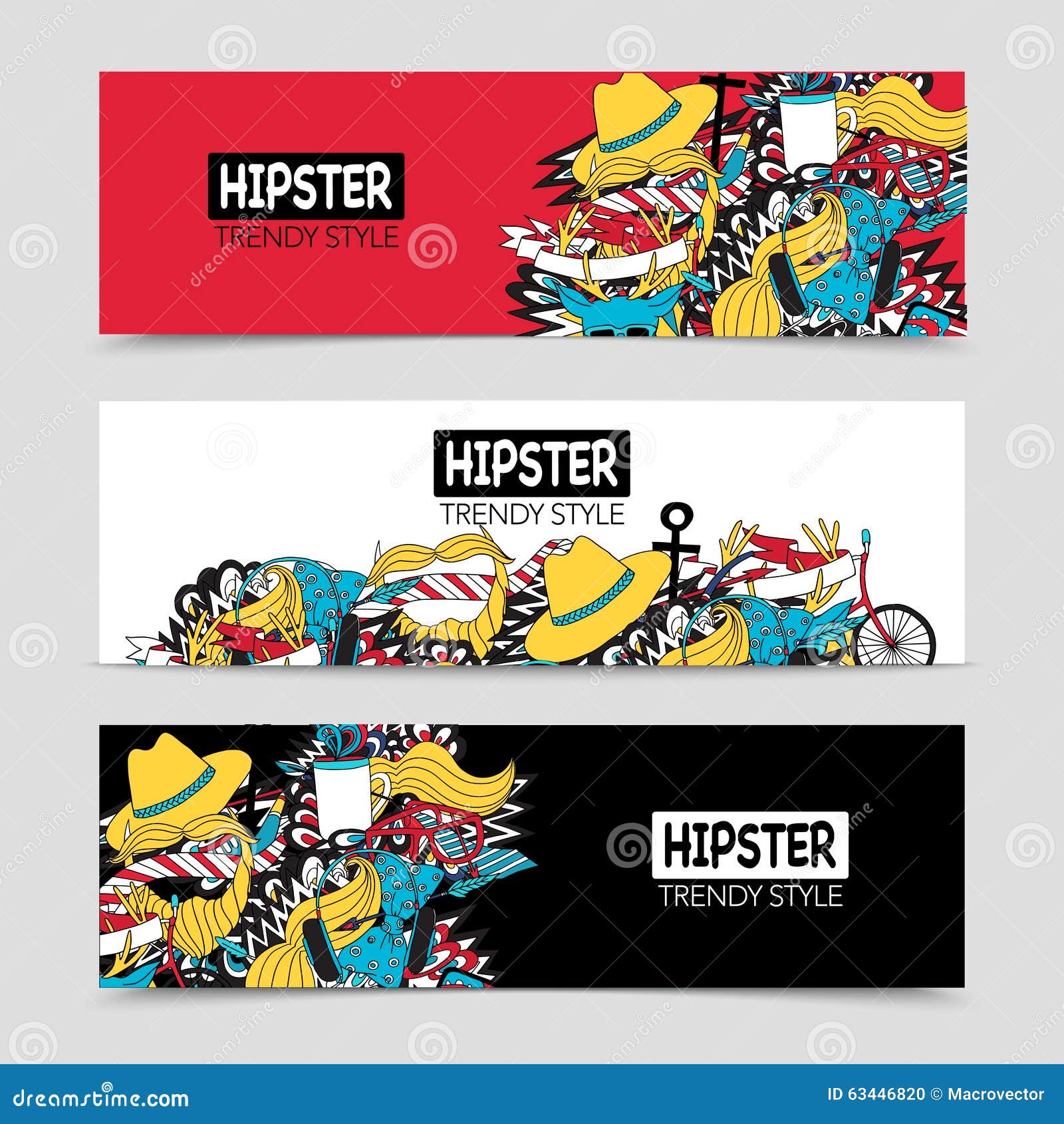 hipster 3 interactive horizontal banners set