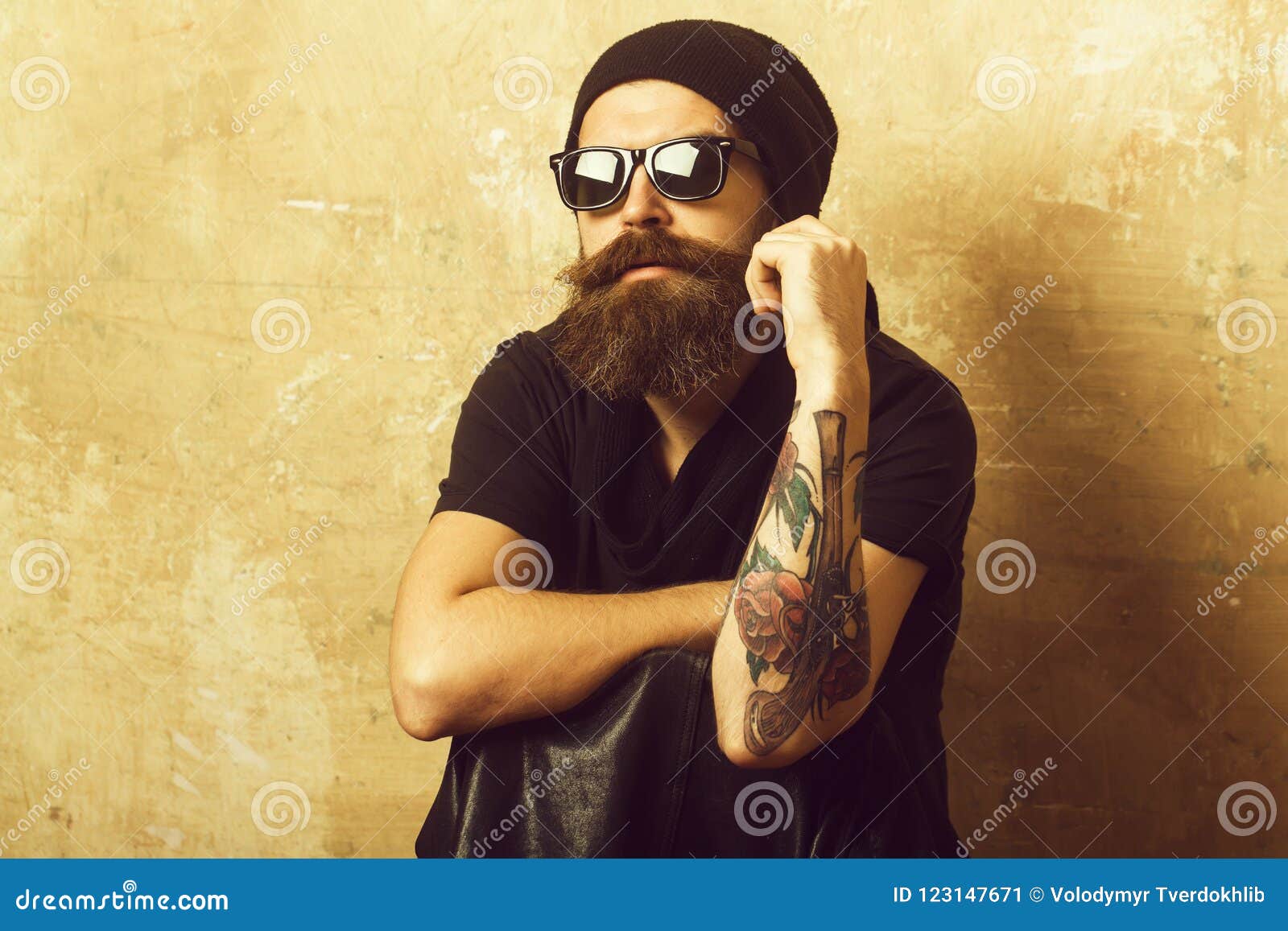 Hipster In Leather Jacket And Hat With Glasses Stock Image Image Of Hair Fashionable 123147671