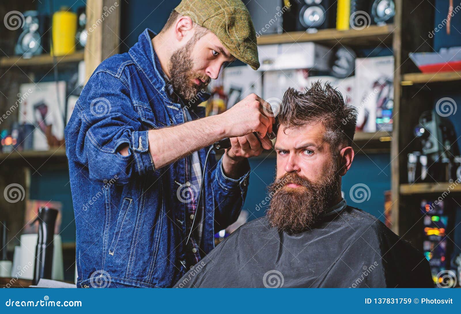 Hipster Lifestyle Concept. Barber with Clipper Trimming Hair on Temple ...