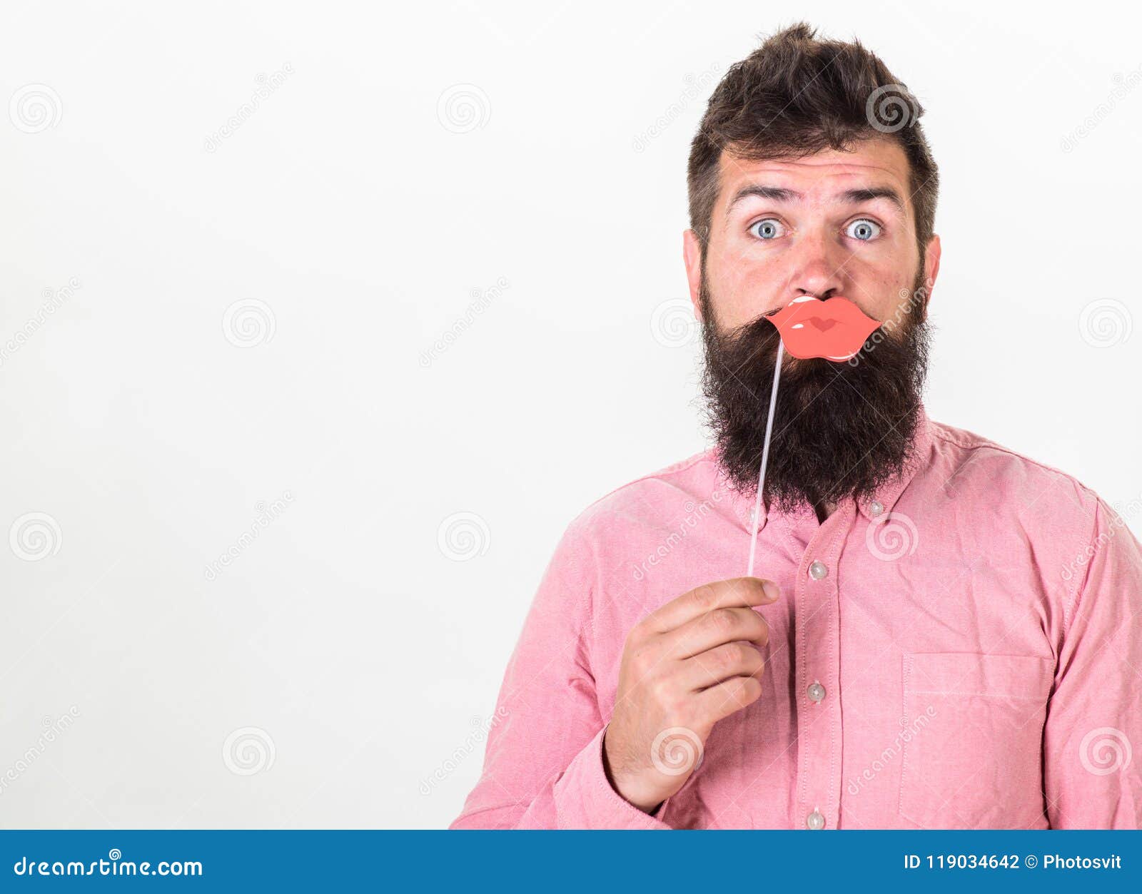 Hipster in Pink Shirt with Stylish Beard on White Background