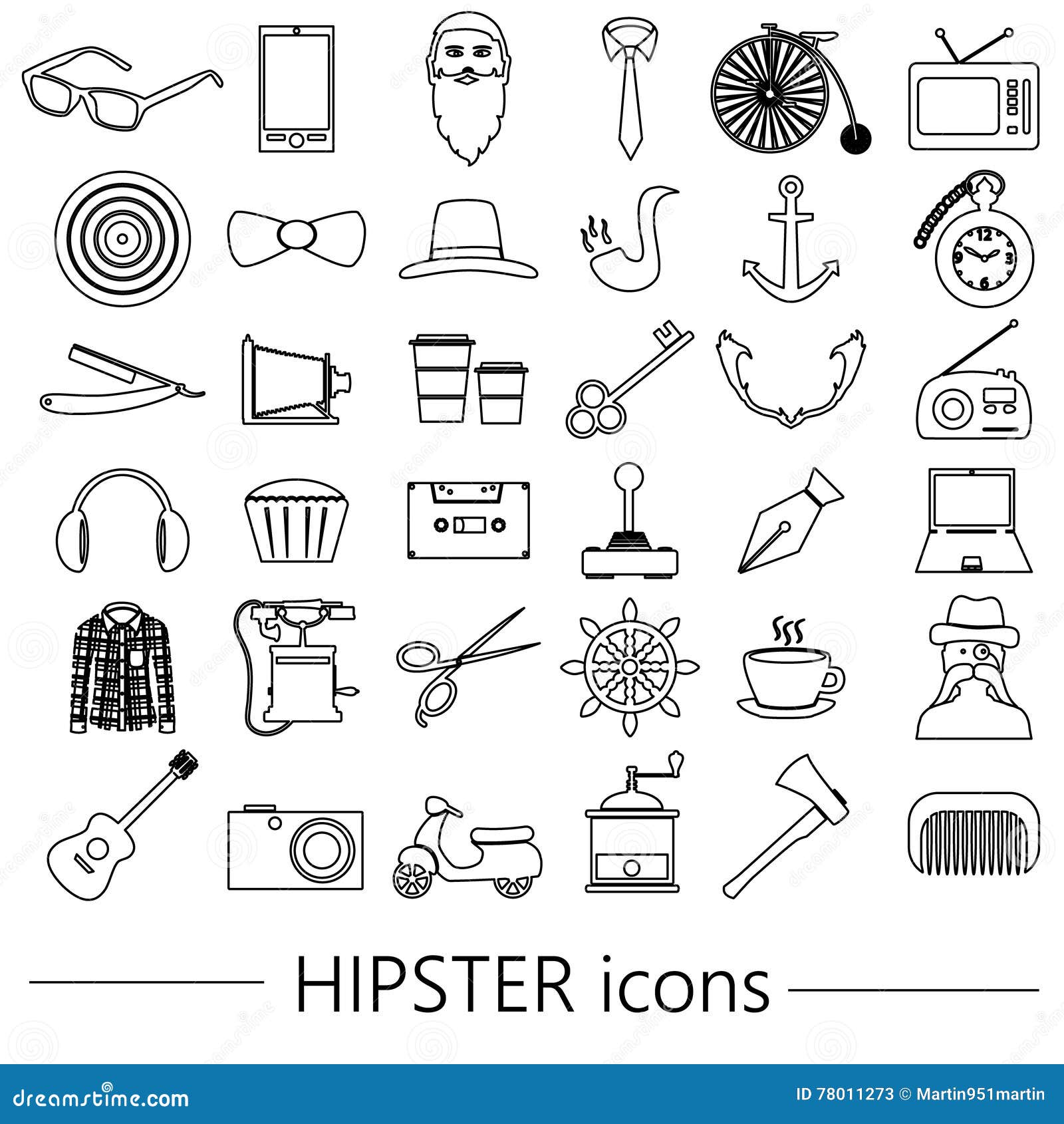 hipster theme and culture set of outline vector icons eps10 stock
