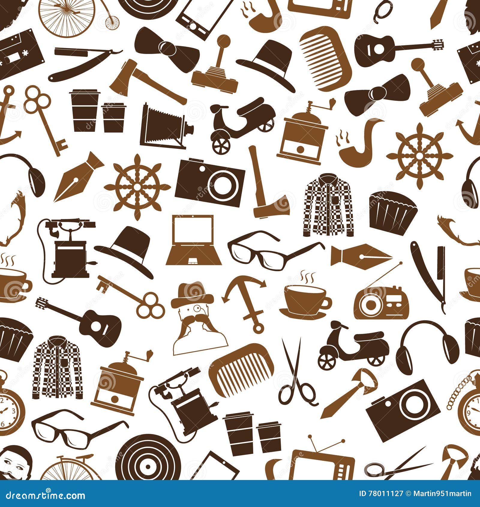 Hipster Theme and Culture Set of Vector Icons in Seamless Brown Pattern ...