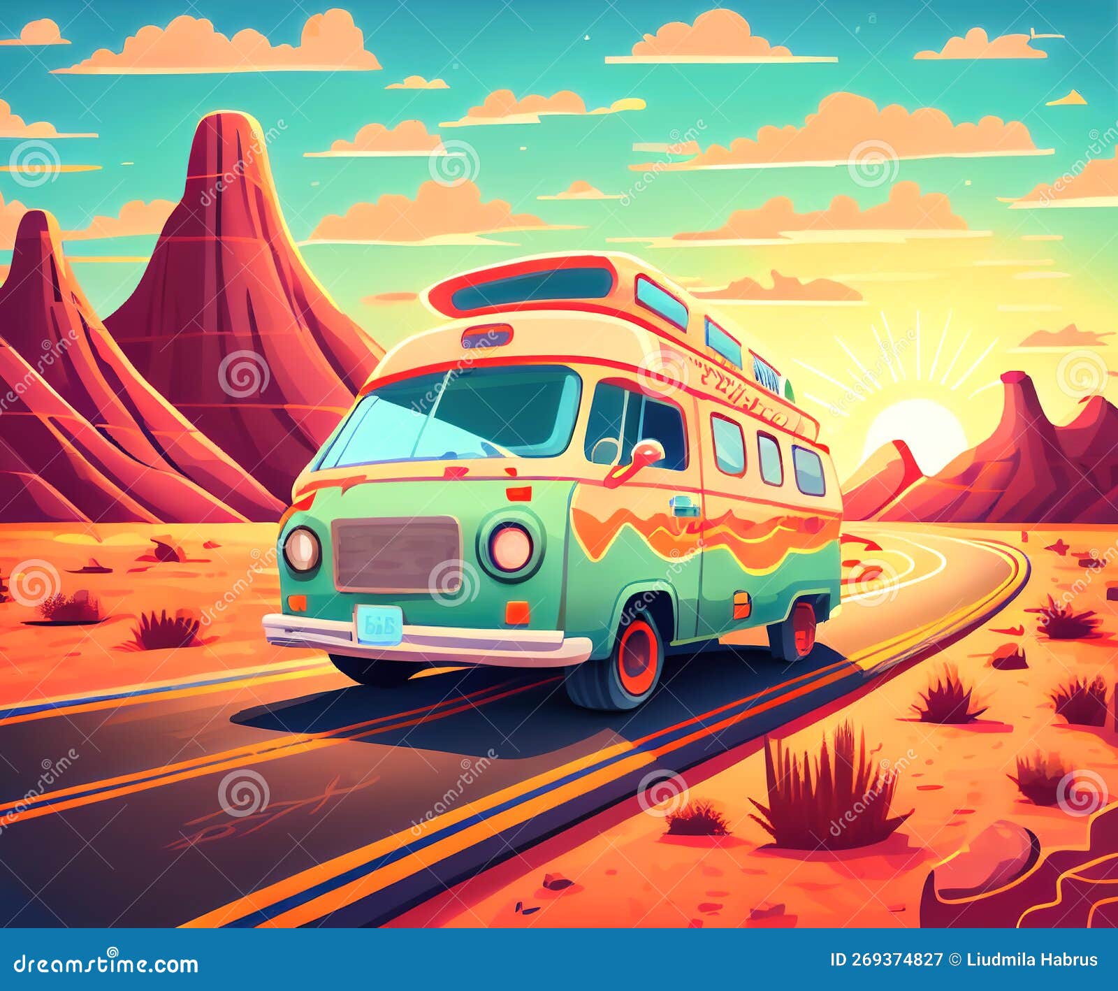 Hipster Tourist Bus in the Desert Illustration. Generative AI Stock ...