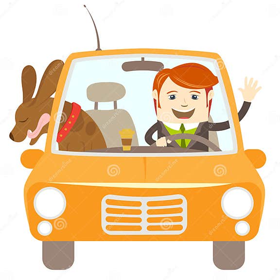 Hipster-traveler Driving a Car with His Dog Stock Illustration ...