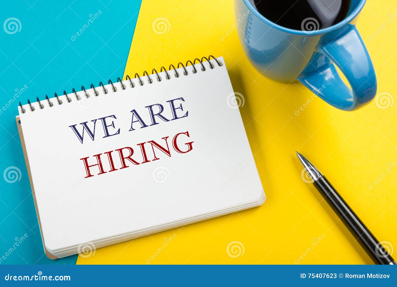 We are Hiring. Office Desk Table with Notepad, Pencil and Coffee Cup