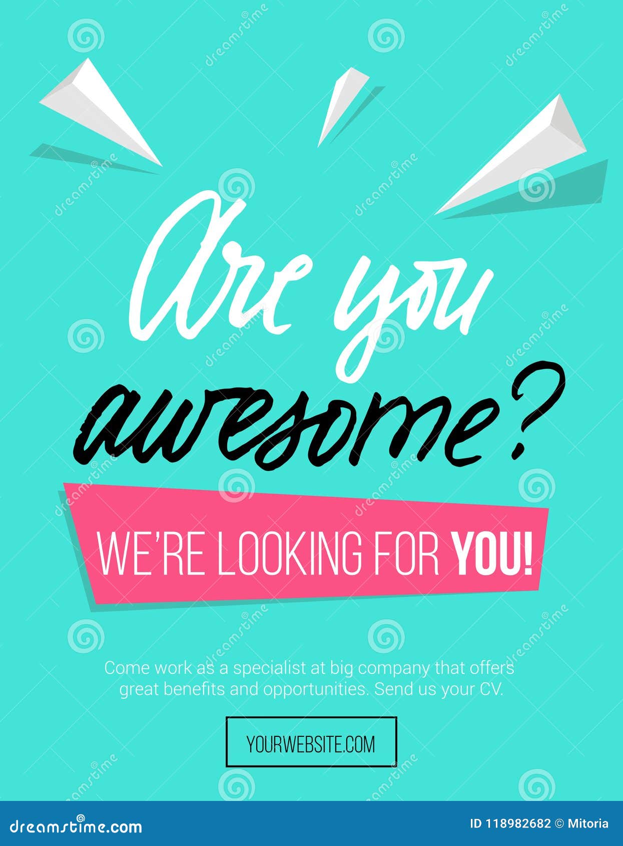 hiring poster  concept with pink and blue colors and lettering inscription 