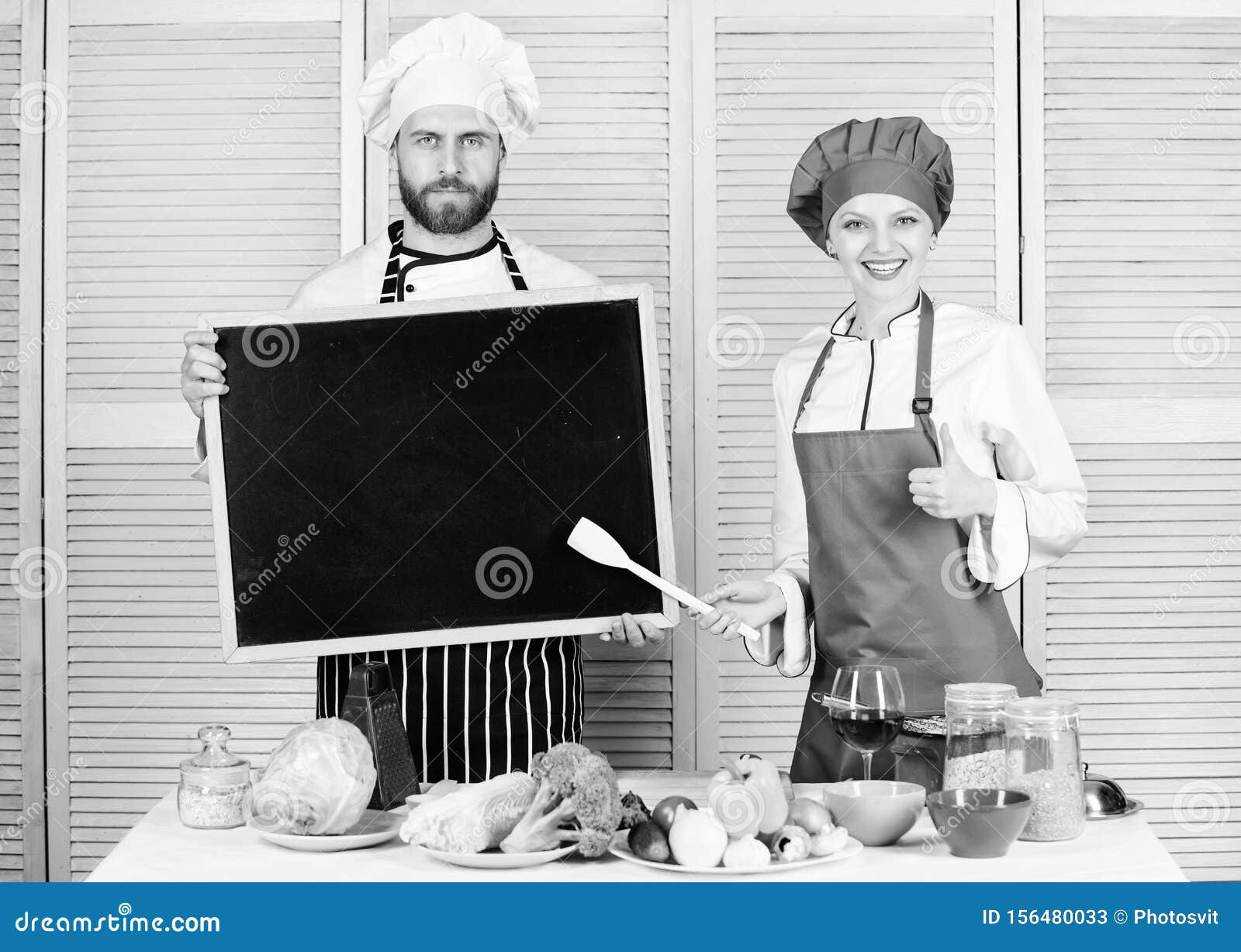 Hiring Staff Woman And Man Chef Hold Blackboard Copy Space Job