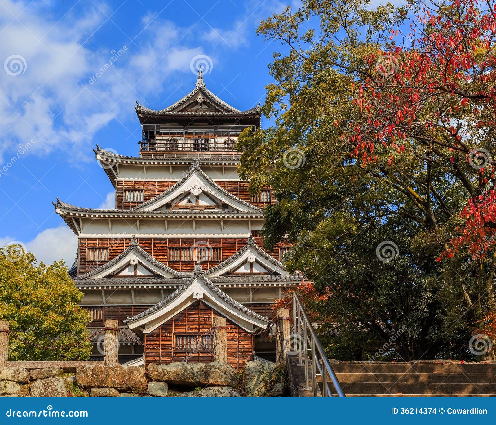 Hiroshima castle on the side of Otagawa river in autumn HIROSHIMA, JAPAN - NOVEMBER 15: Hiroshima Castle in Hiroshima, Japan on November 15, 2013. Built in 1589 by the powerful feudal lord Mori Terumoto, it was an important seat of power in Western Japan