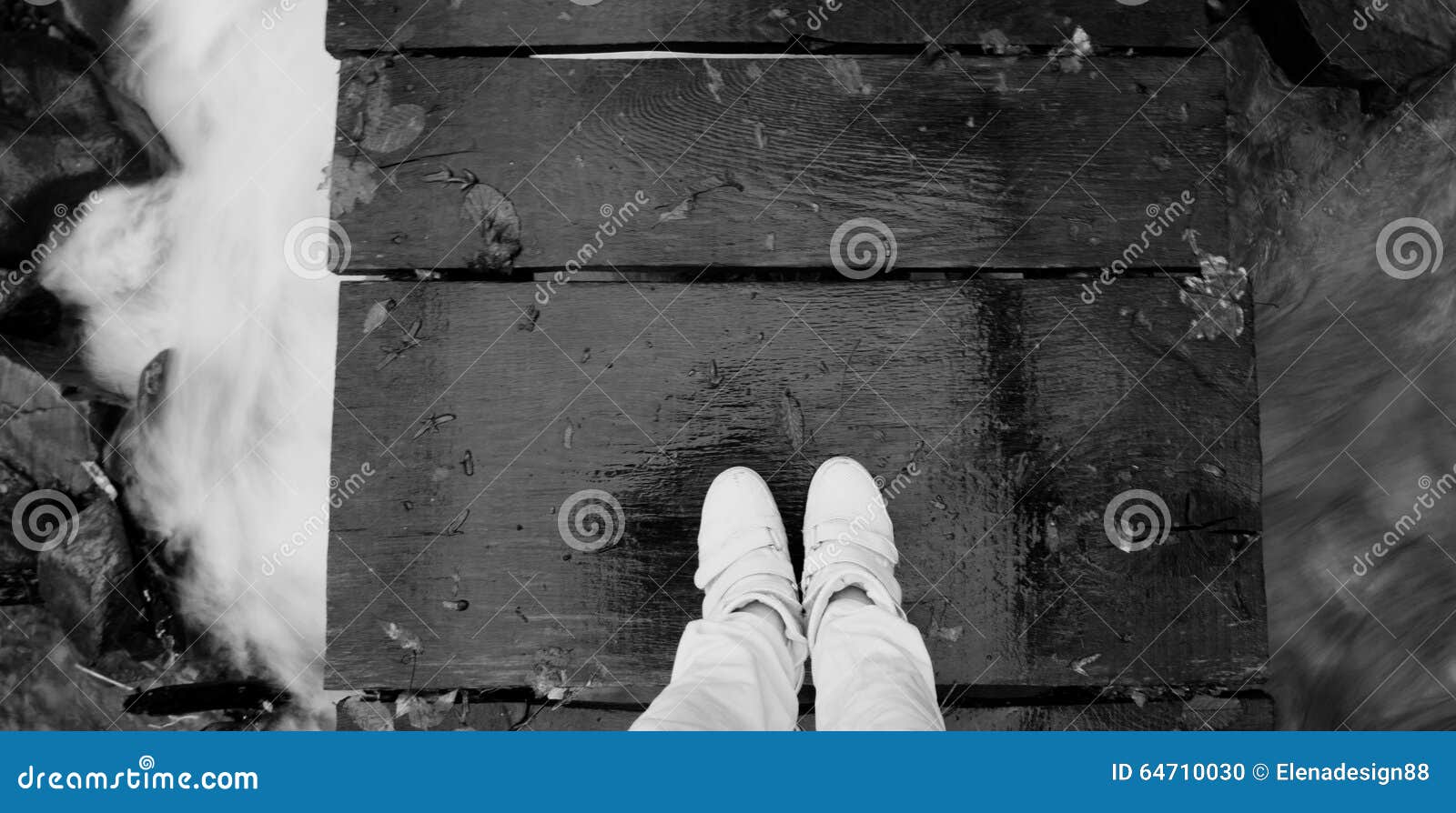 On His Feet Shoes Under the Bridge the Water Stock Photo Image of