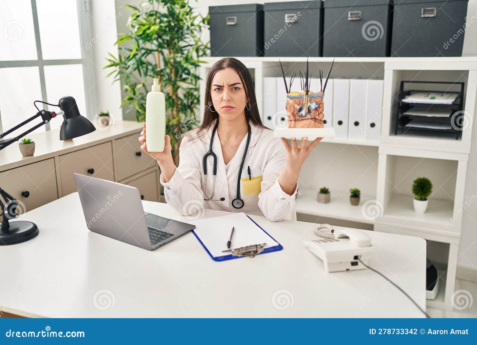 hispanic doctor woman holding model of human anatomical skin and hair skeptic and nervous, frowning upset because of problem
