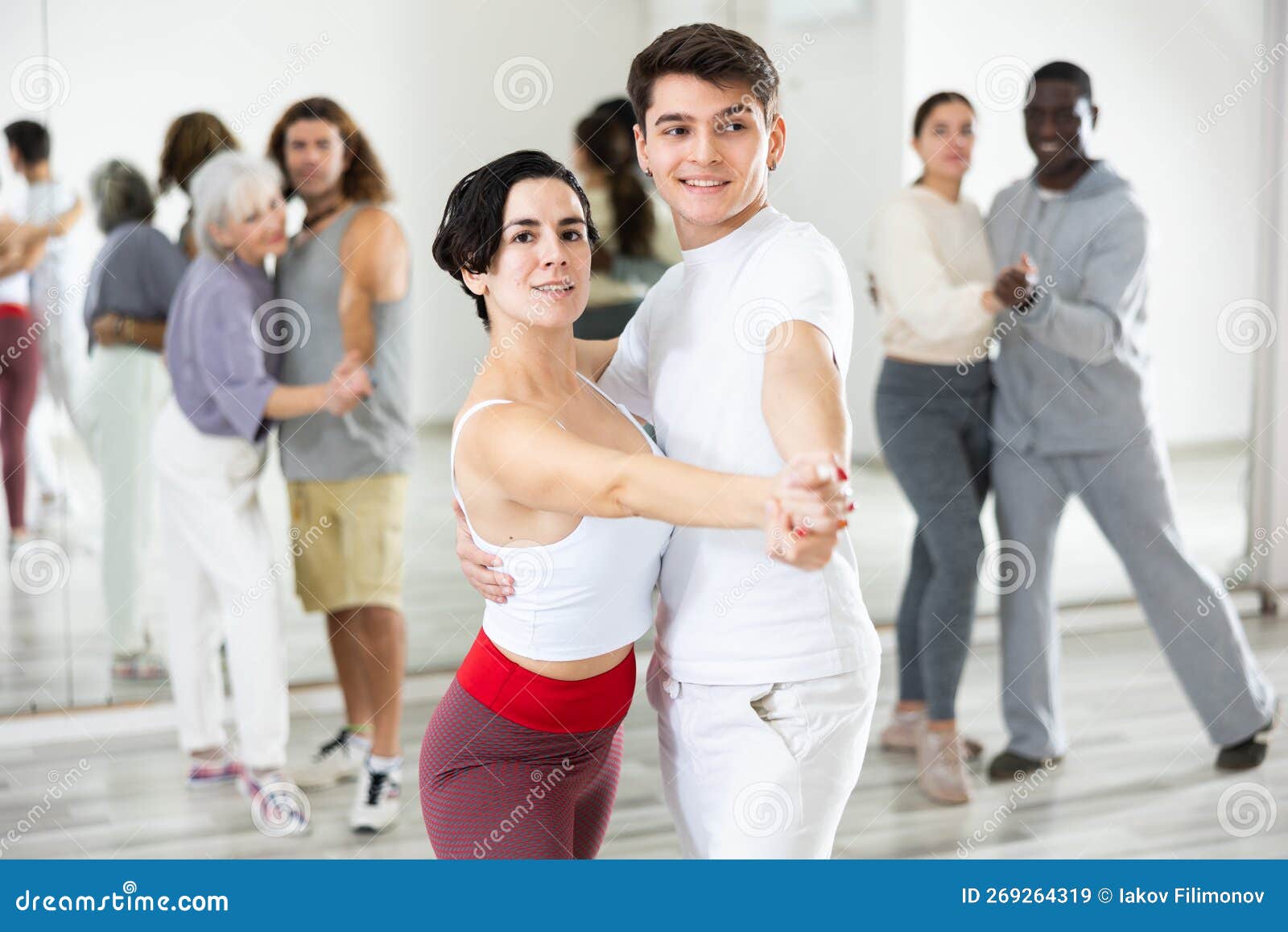 Hispanic Woman And Guy Practicing Slow Ballroom Dances In Pair Stock Image Image Of Activity 