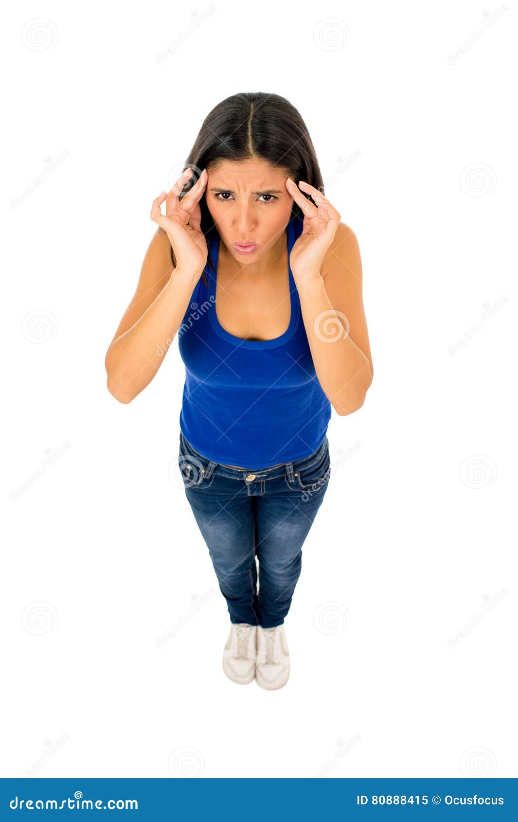 Hispanic Woman Touching Tempo with Fingers Suffering Headache Migraine ...