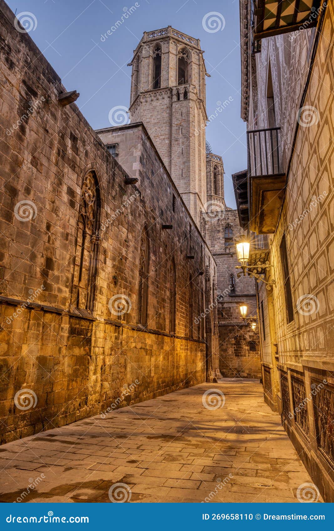 the historic barrio gotico in barcelona at twilight