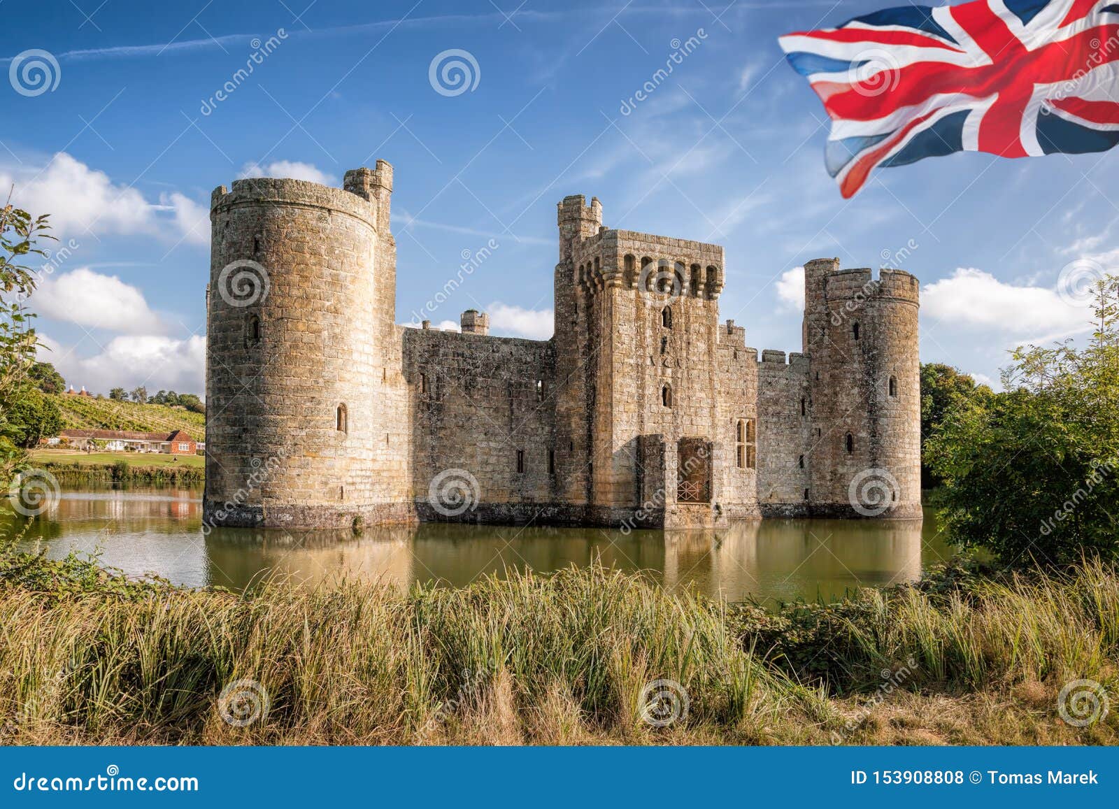 Historic Bodiam Castle With Flag Of England In East  Sussex  