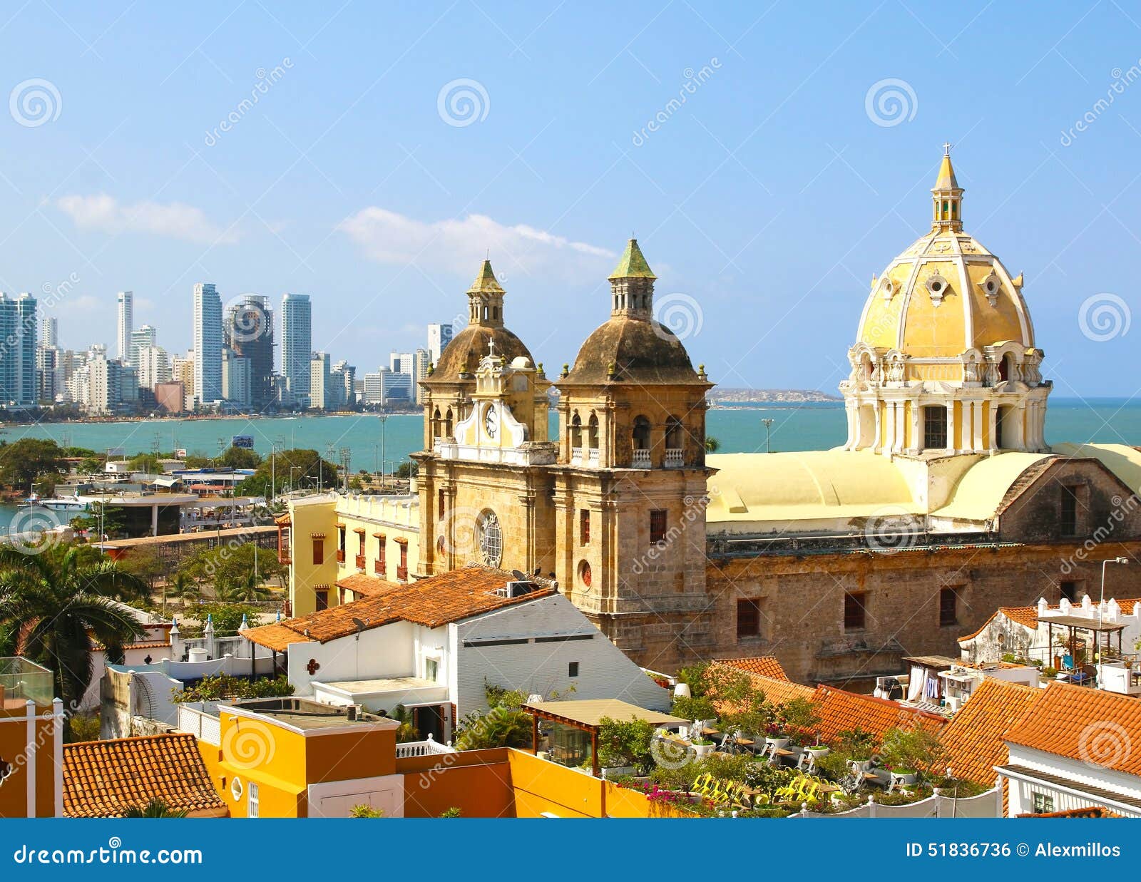historic center of cartagena, colombia with the caribbean sea