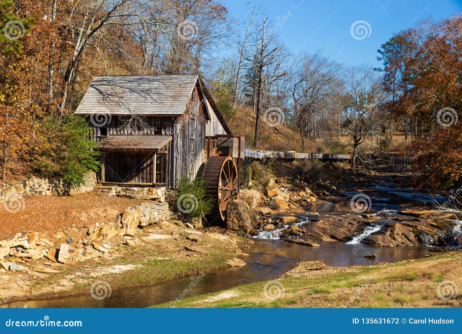 historic sixes mill from the 1800s in canton, georgia, during autumn