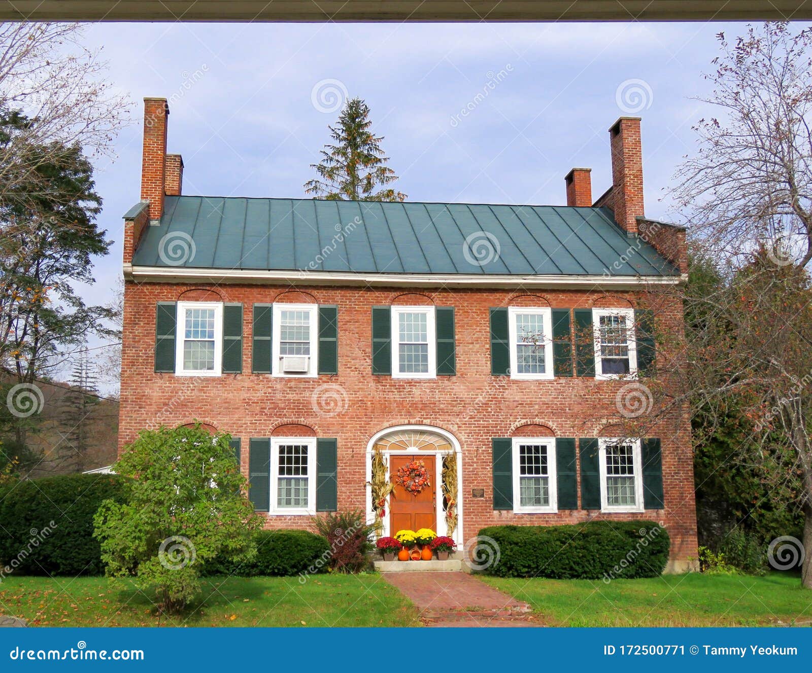 Historic Vermont Red Brick Colonial House in Autumn Stock Image - Image