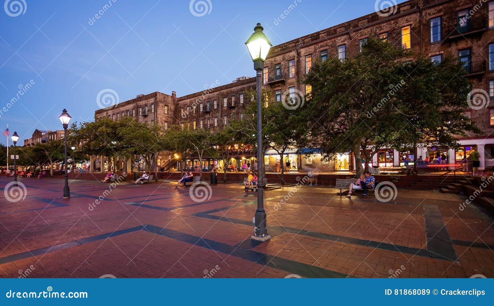 Historic Waterfront in Savannah, at Night Editorial Stock Image
