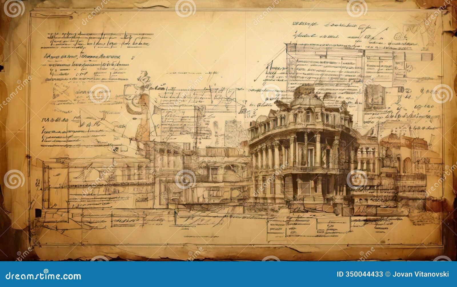 historical architecture sketches blending ancient notes with classical s