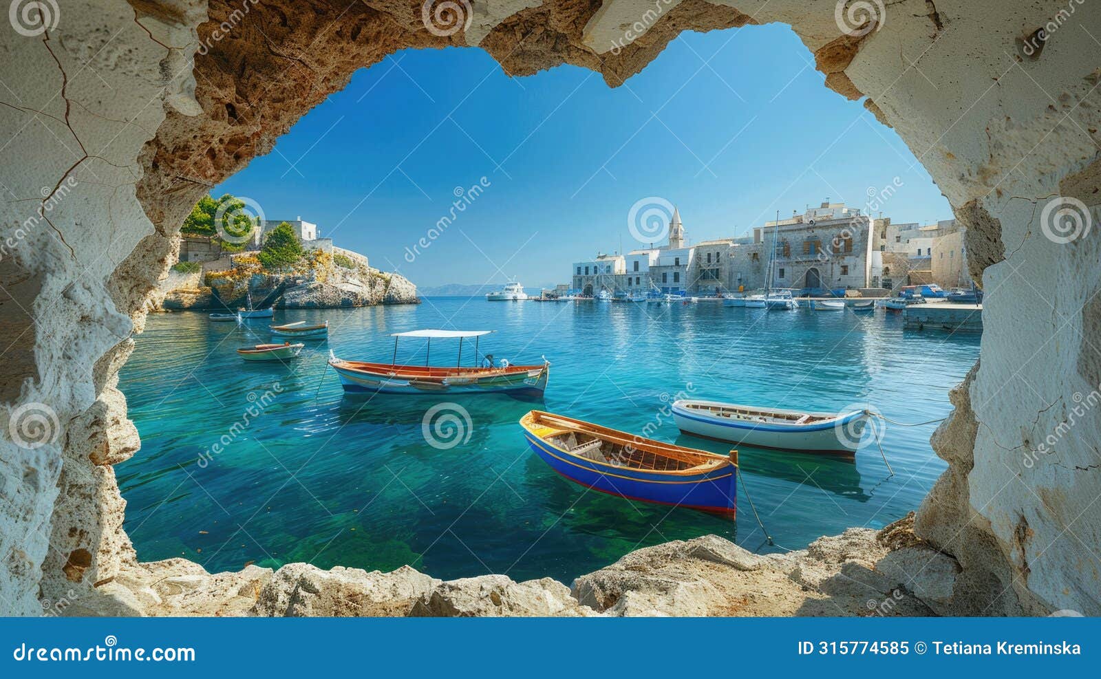 historical harbor view through a deep blue hole in a stark white wall