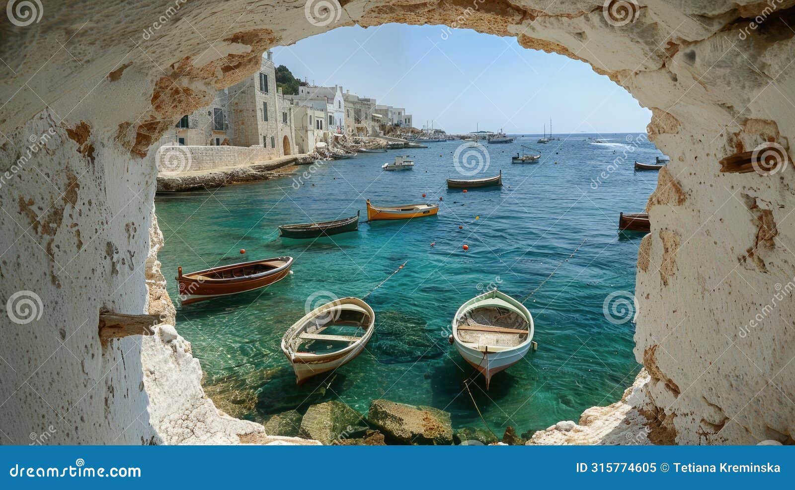 historical harbor view through a deep blue hole in a stark white wall