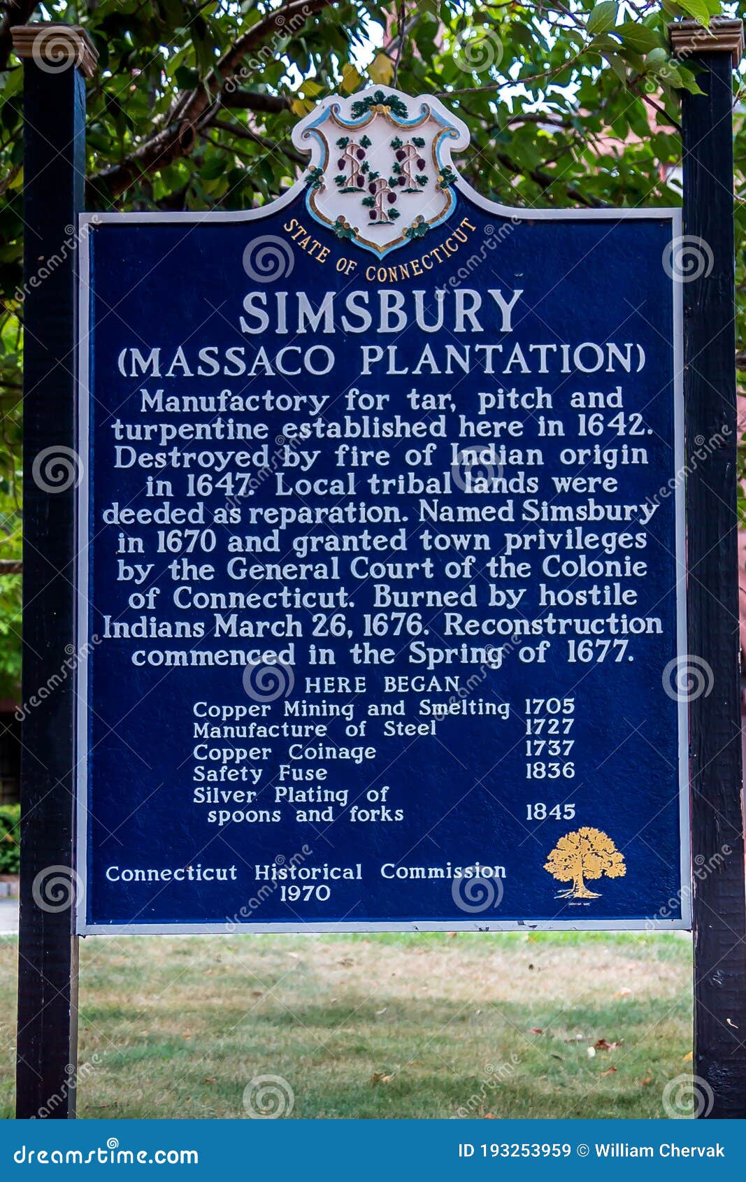 Historical Marker for the Town of Simsbury, Connecticut Editorial Stock