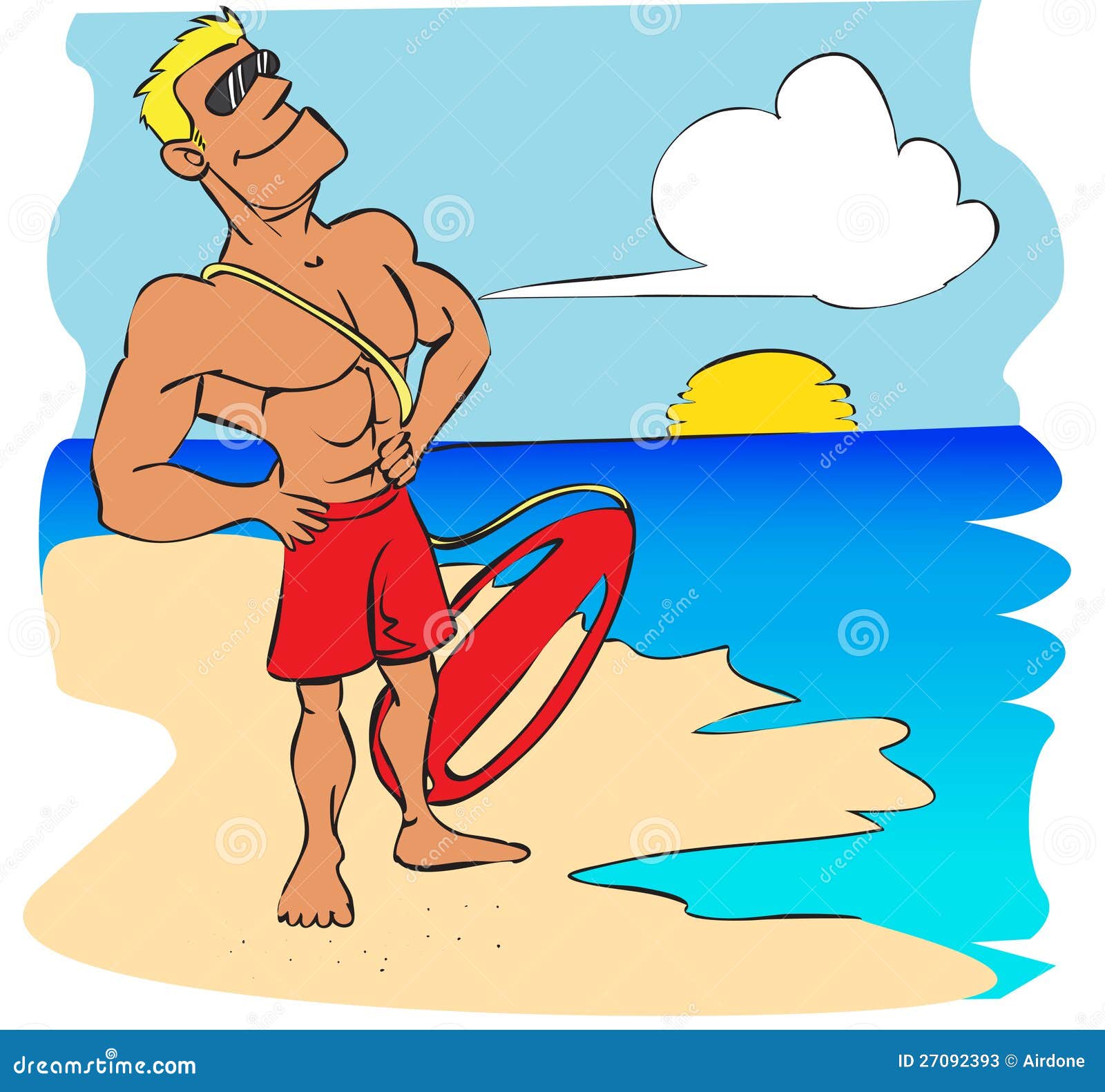 Historieta del salvavidas de la playa. Ilustración del vector de un salvavidas de la playa que mira el mar azul