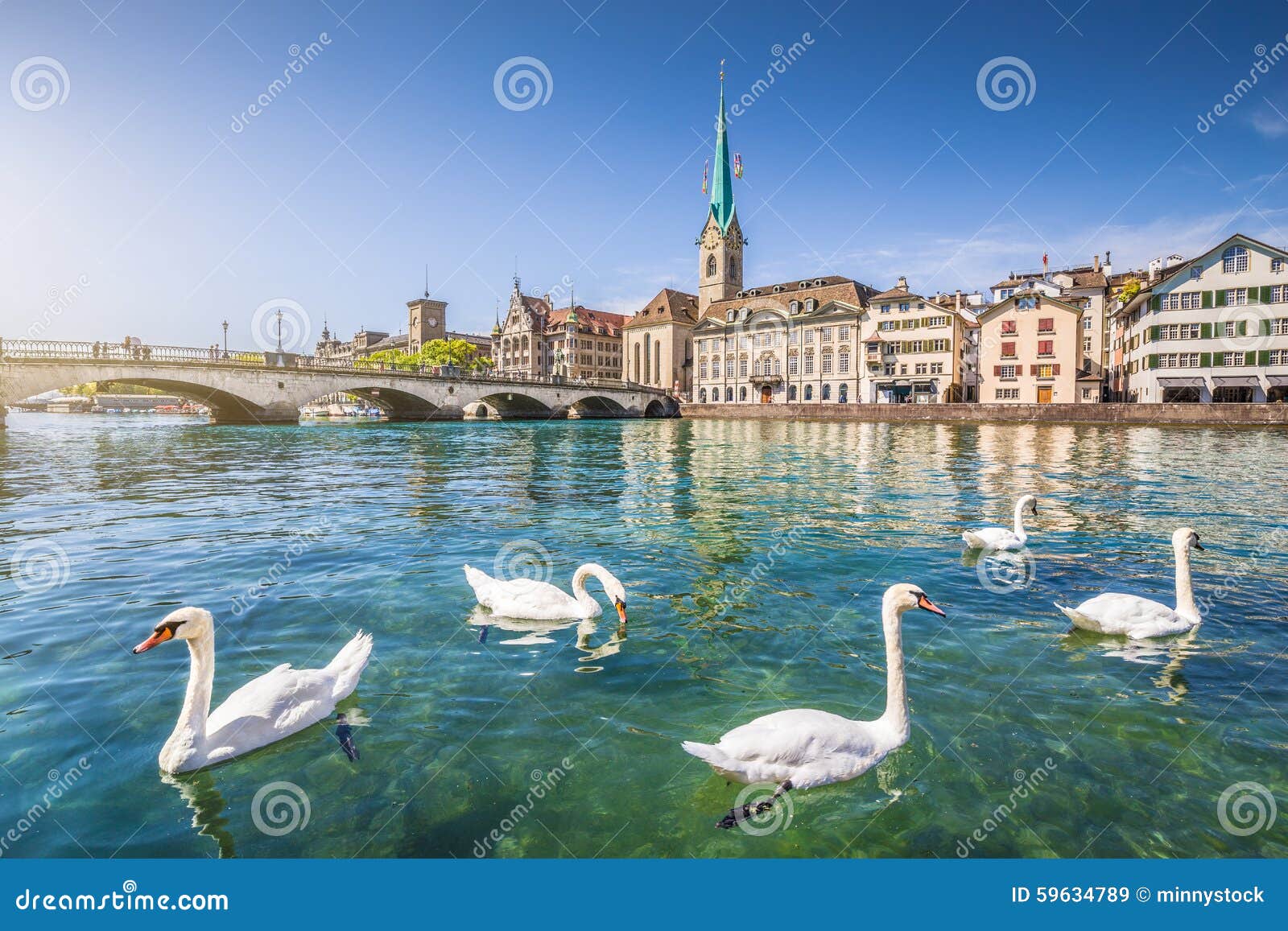 Historische Stadt von Zürich mit Fluss Limmat, die Schweiz. Historisches Stadtzentrum von Zürich mit berühmter Fraumunster-Kirche und von Schwänen auf Fluss Limmat, Kanton Zürich, die Schweiz