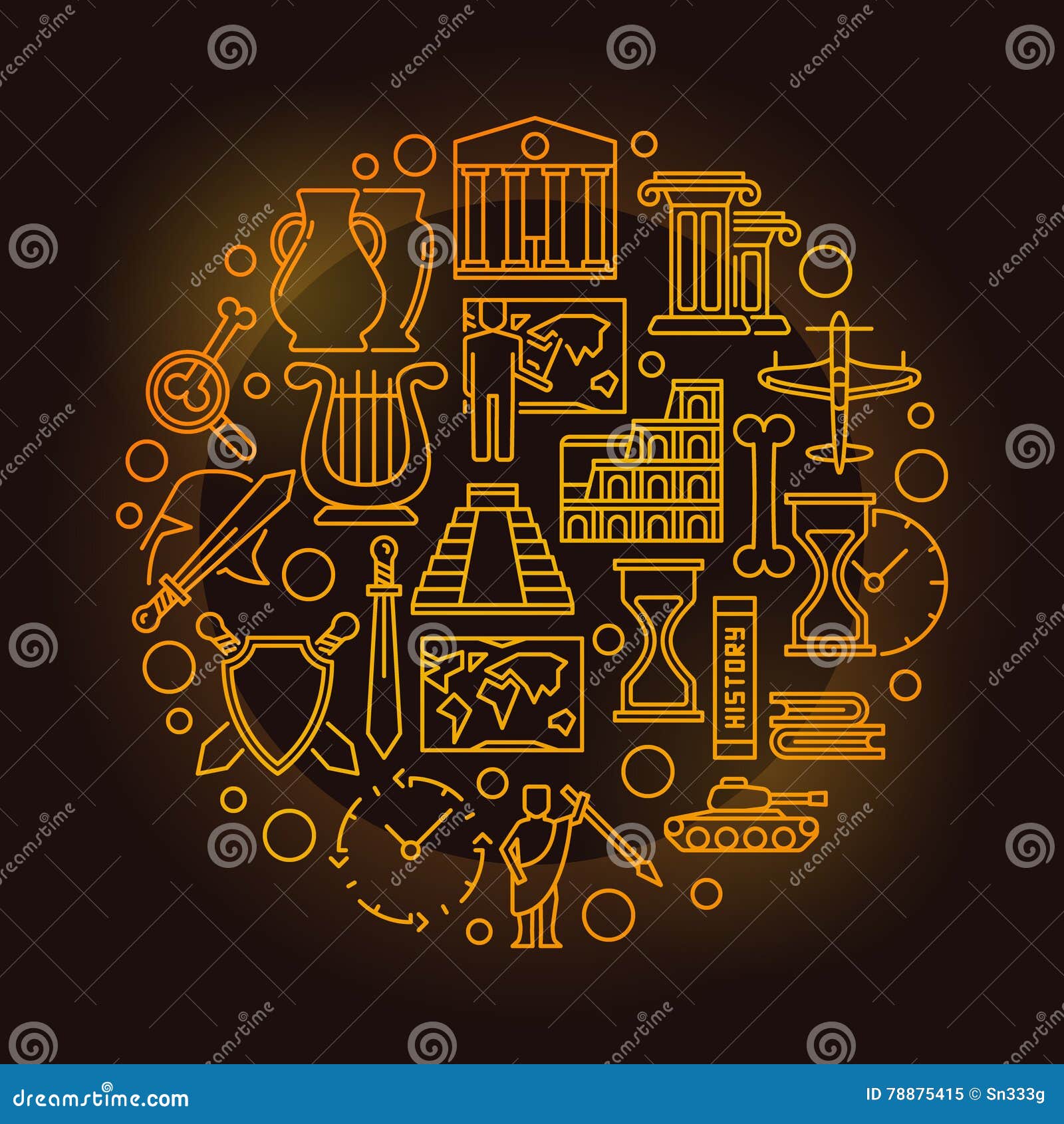 History Colorful Vector Symbol Stock Vector - History Colorful Vector Symbol RounD Yellow Minimal Sign MaDe Thin Line Icons Dark BackgrounD 78875415