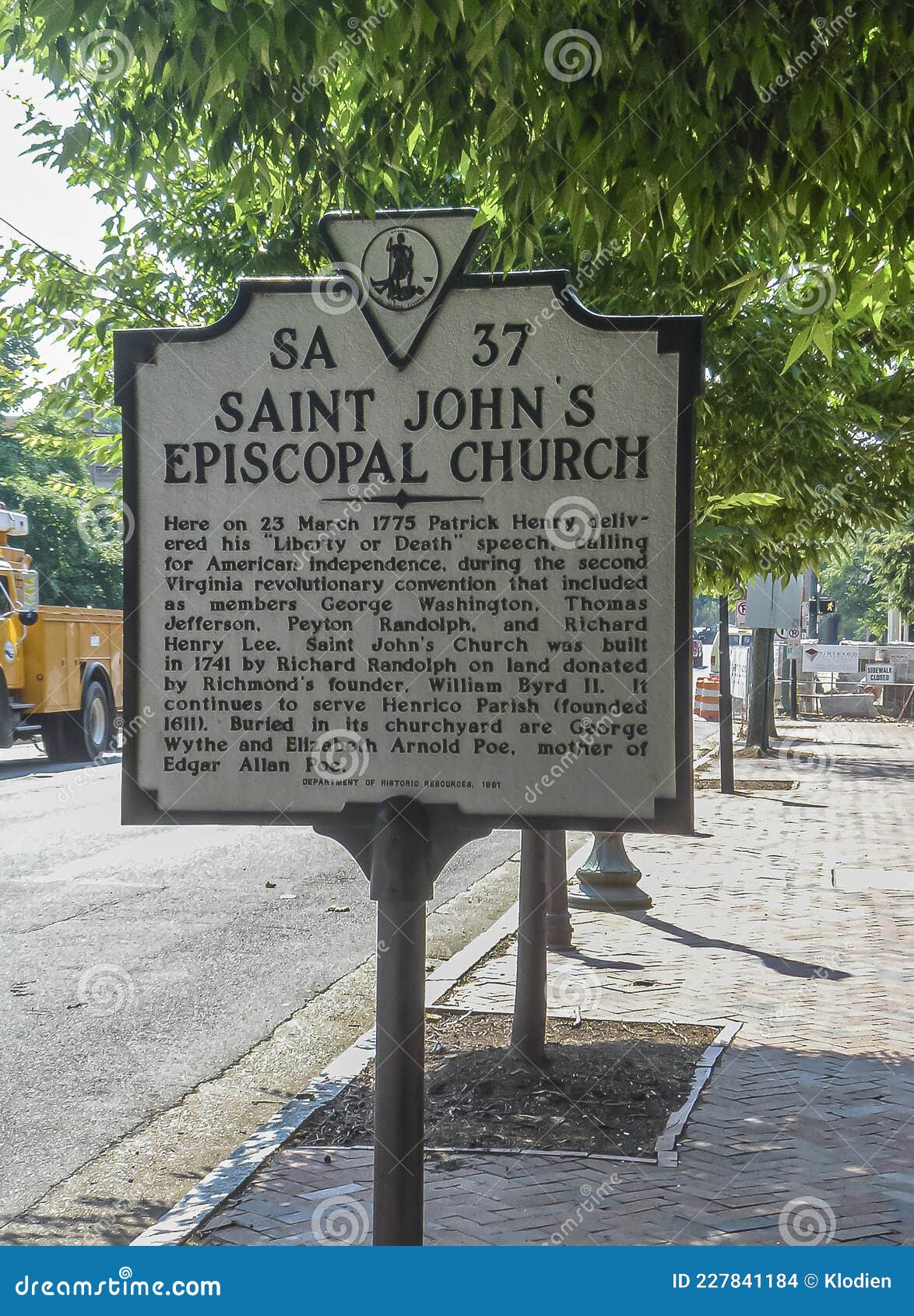 history explanation sign of saint johns church in richmond, va, usa