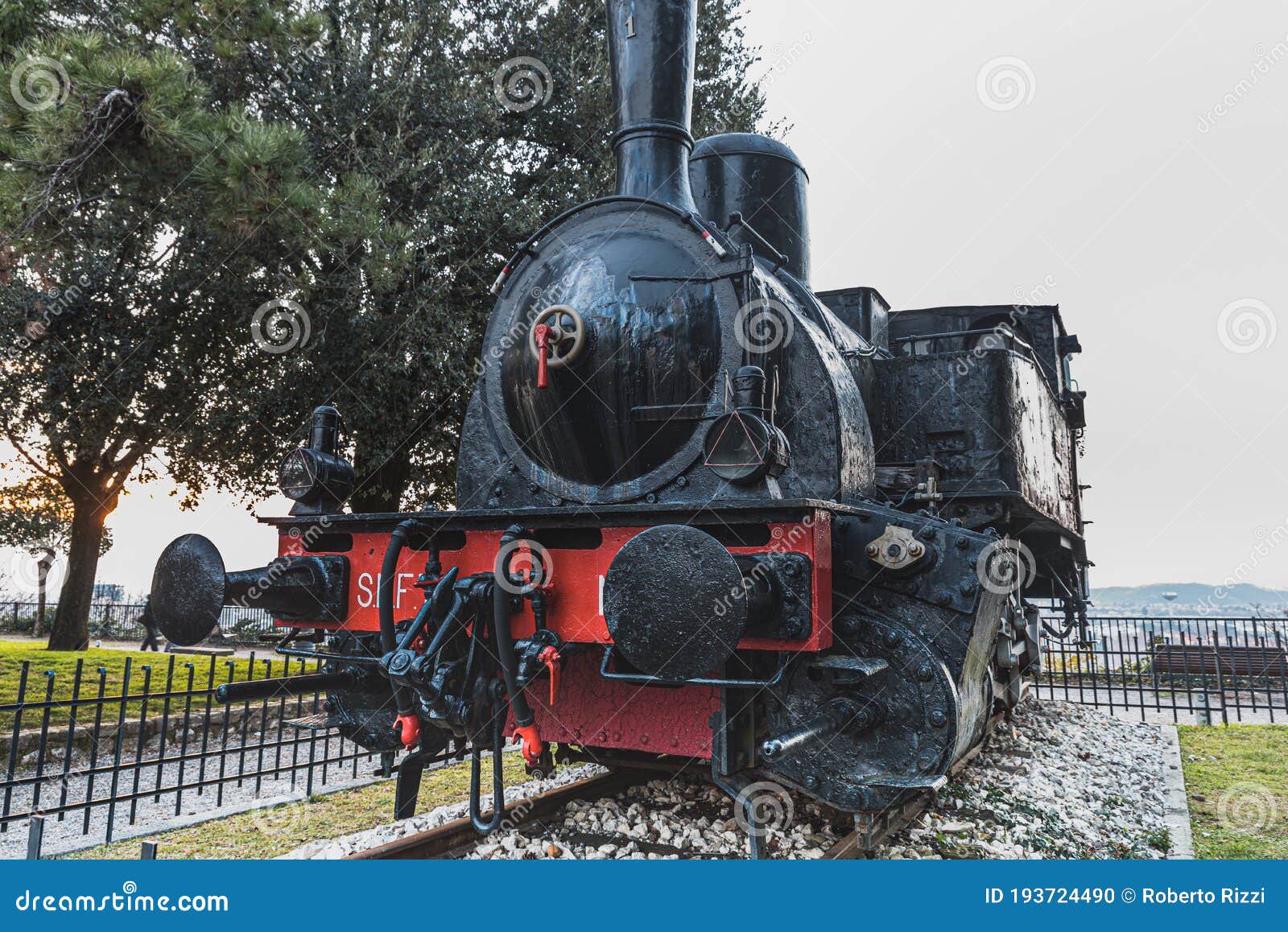 history and landmark: historical locomotiva numero uno, steam italian engine on colle cidneo, brescia