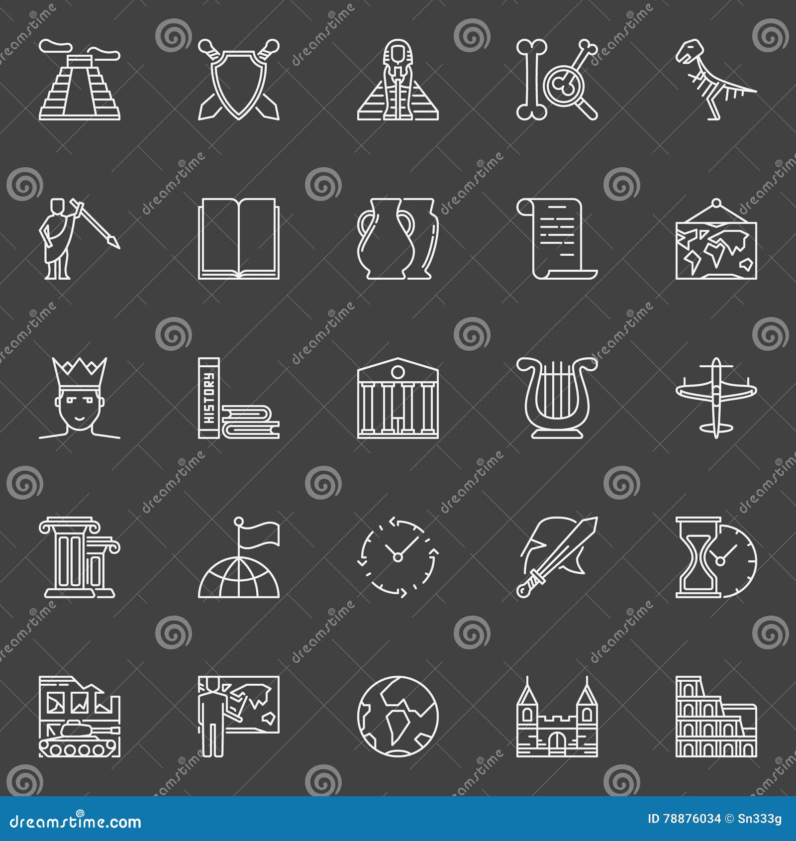 History linear icons stock vector. Illustration of history - History Linear Icons Vector Set Outline Ancient Times Symbols Pictograms Dark BackgrounD 78876034