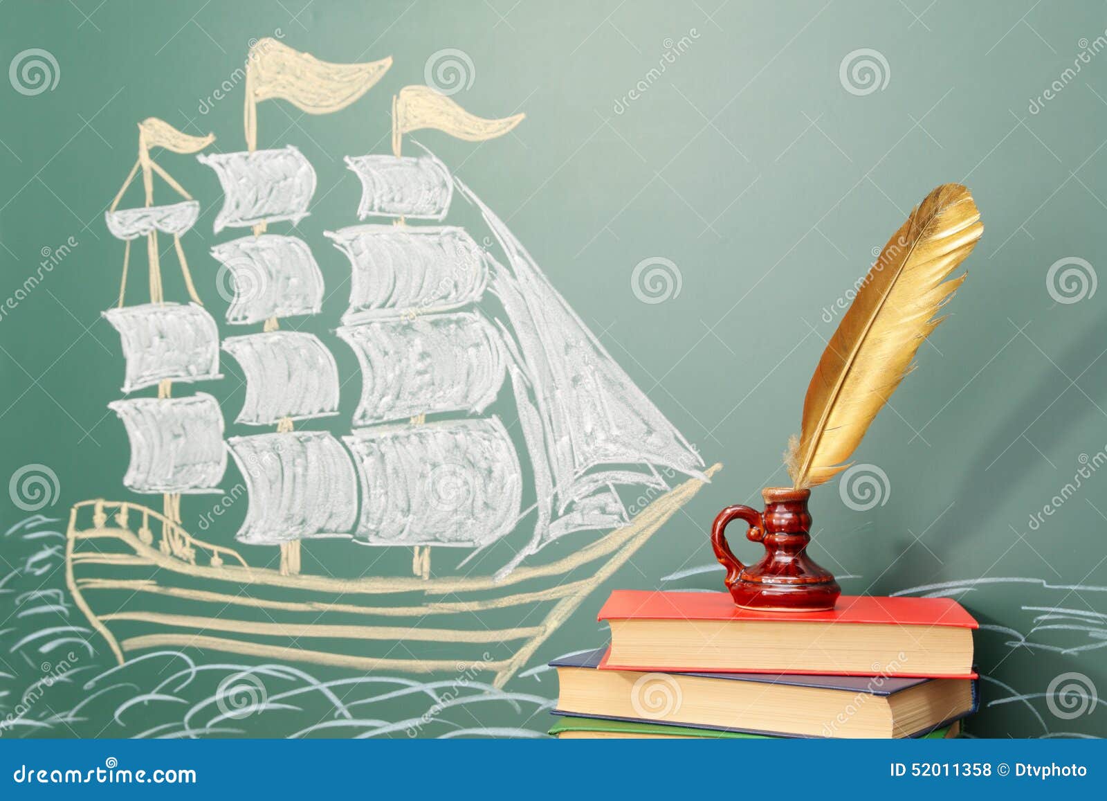 History With School Supplies On Blackboard Background. History Text On