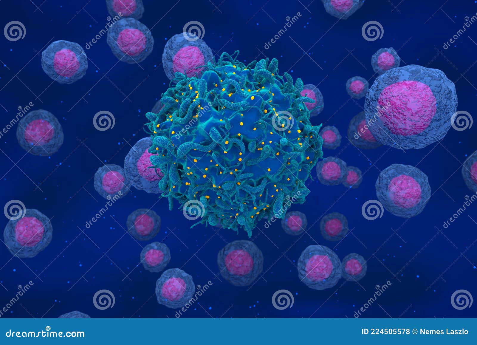 hiv virus attack and infected t-cell with regular cells 3d render 