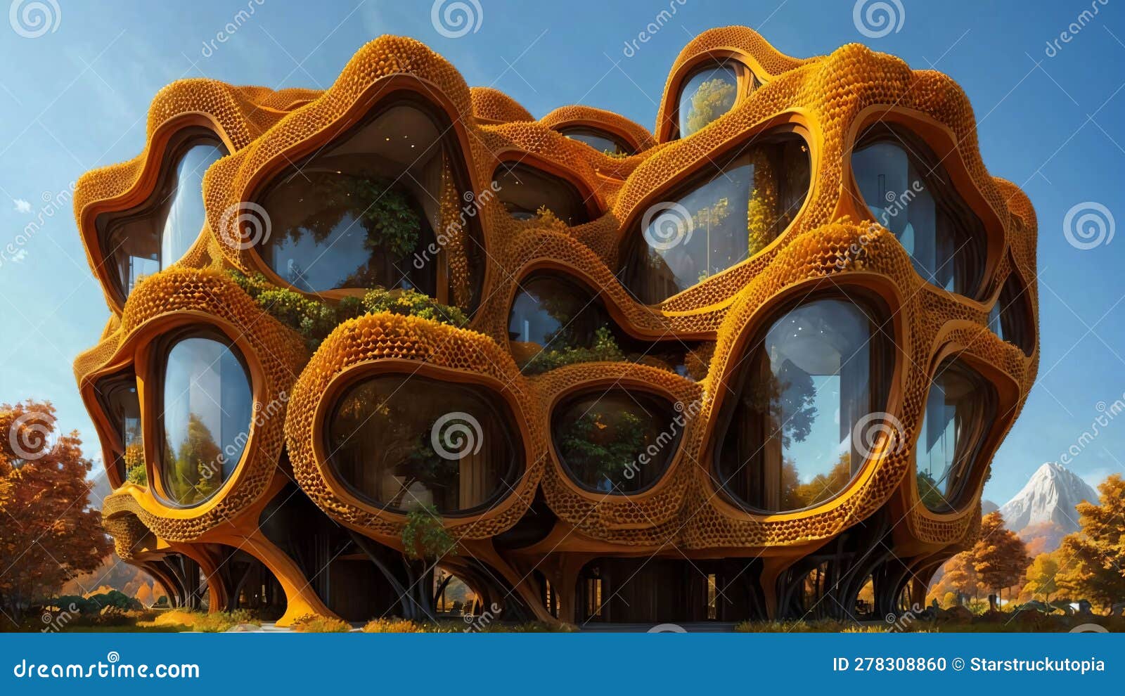 The Hive Brutalist Building with Hexagonalpattern and Lush