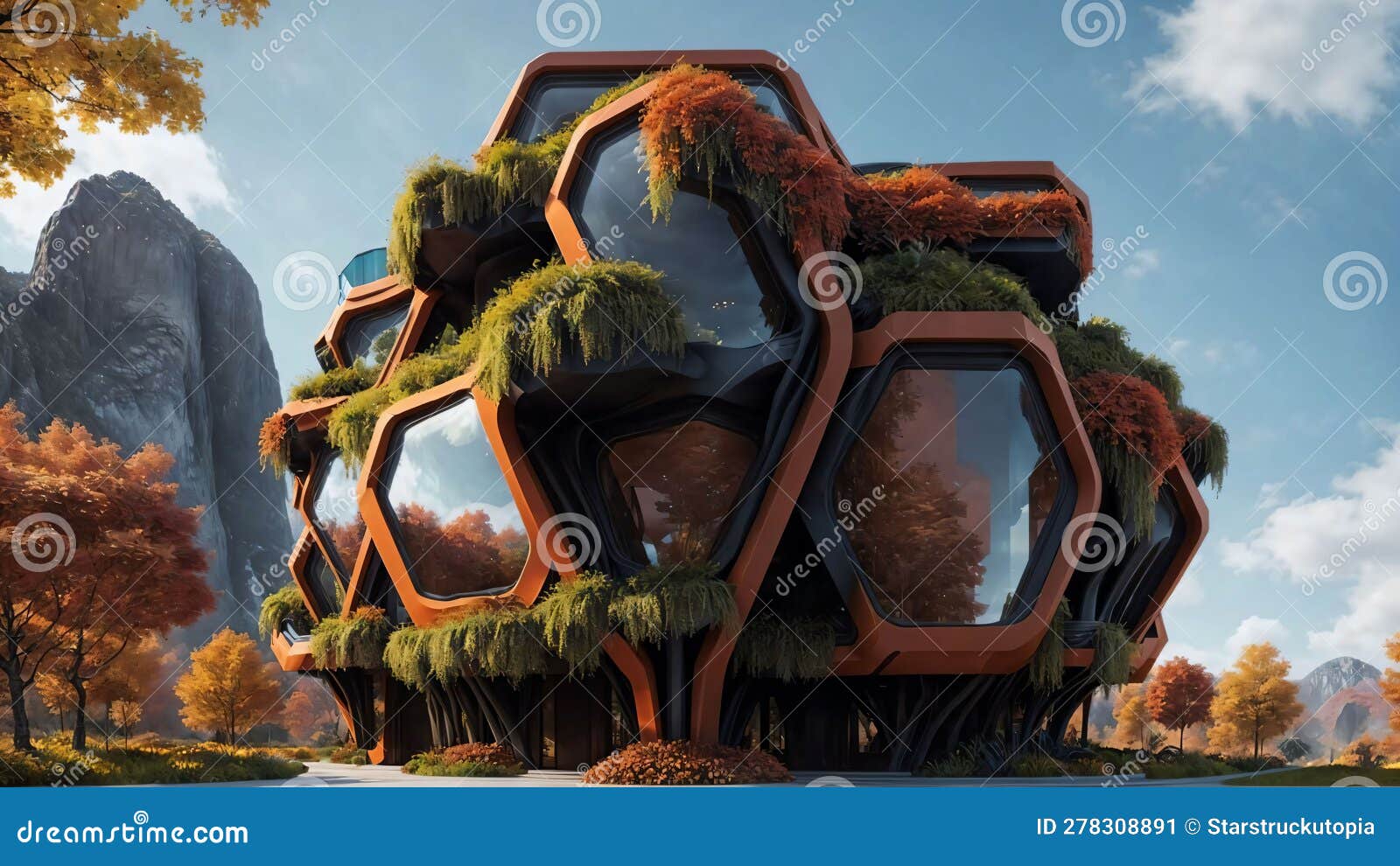 The Hive Brutalist Building with Hexagonalpattern and Lush