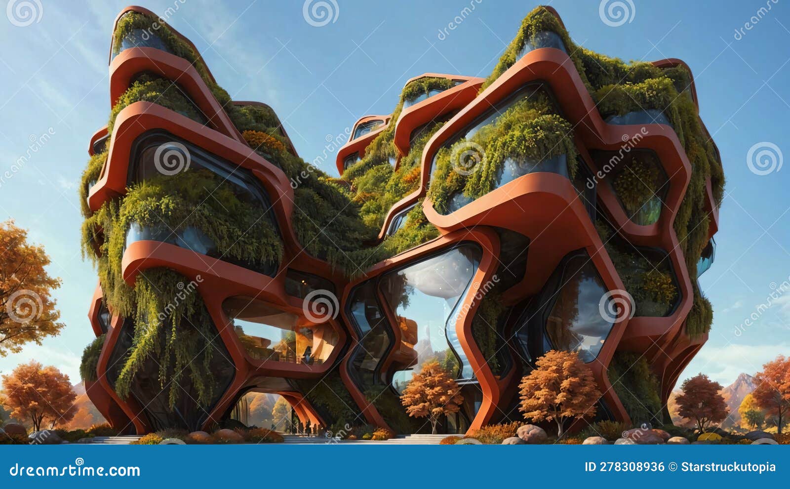 The Hive Brutalist Building with Hexagonalpattern and Lush