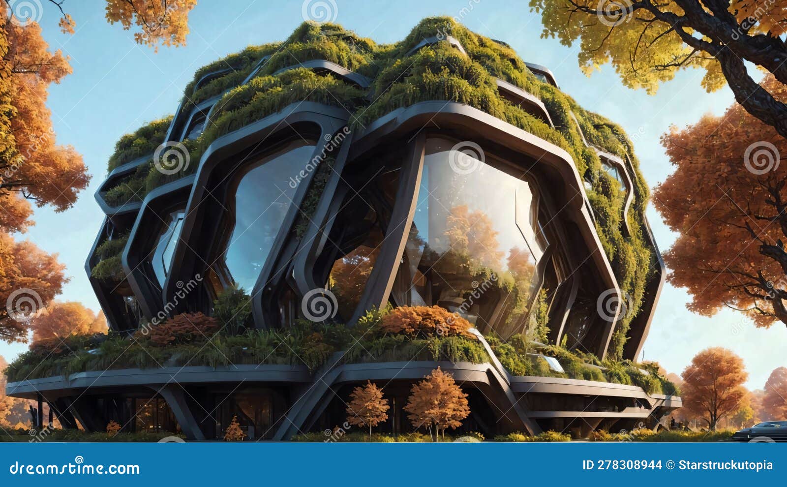 The Hive Brutalist Building with Hexagonalpattern and Lush