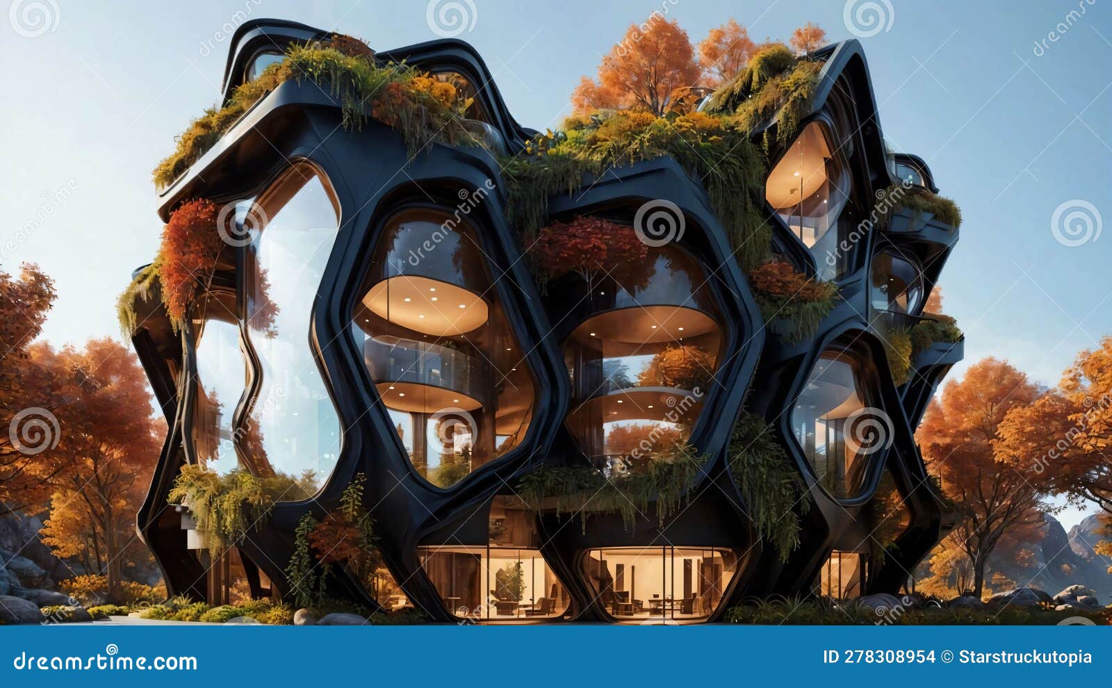 The Hive Brutalist Building with Hexagonalpattern and Lush