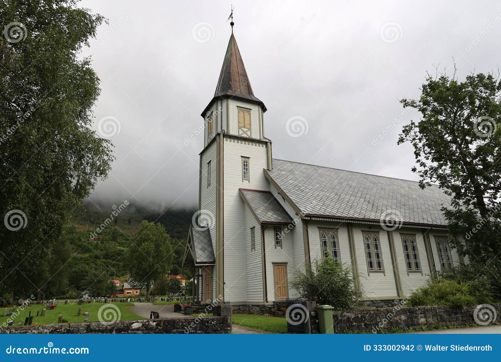 view of the hjorundfjord church, saebo, norway