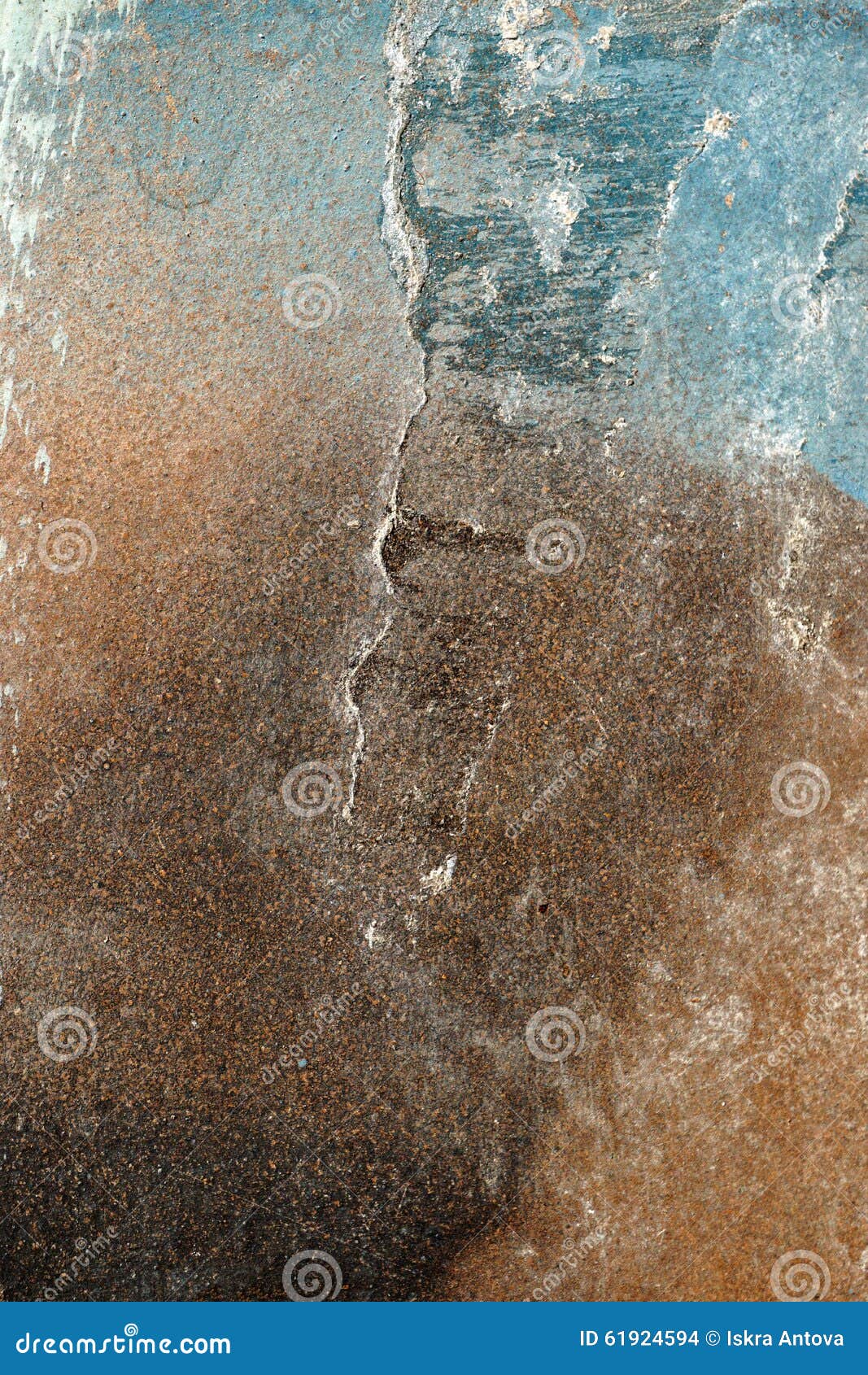 hoarse,scratched and peeled surface with blue and brown paint