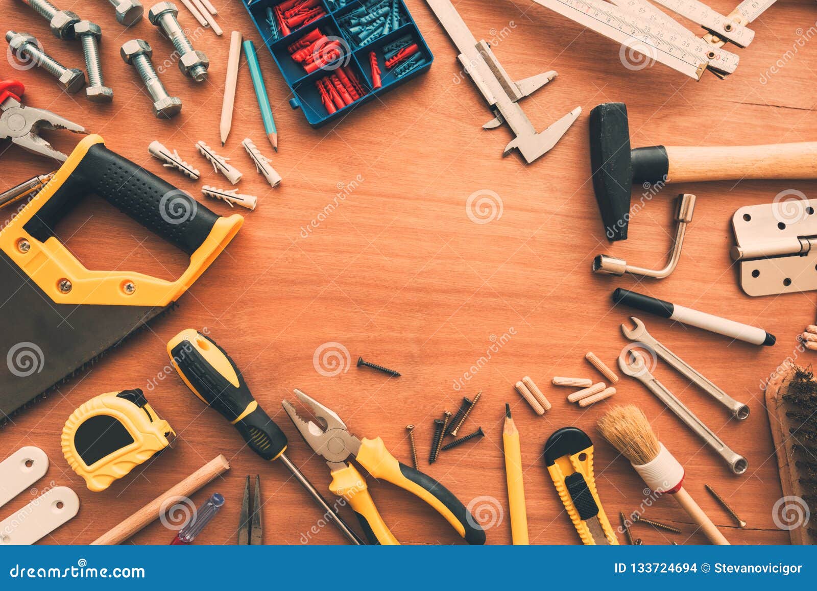 hobby handyman tools top view on workshop desk