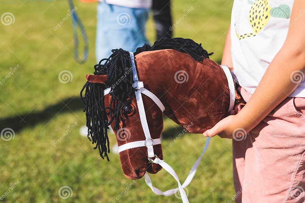 Hobby Horsing Competition on a Green Grass, Hobby Horse Riders Jumping